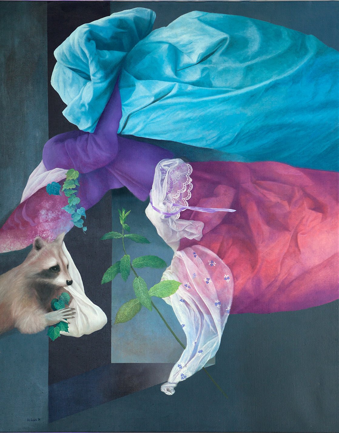 cuadro original de Iris Lázaro - Eran sueños frágiles arte contemporáneo en Gaudifond, mantas flotando y un animal