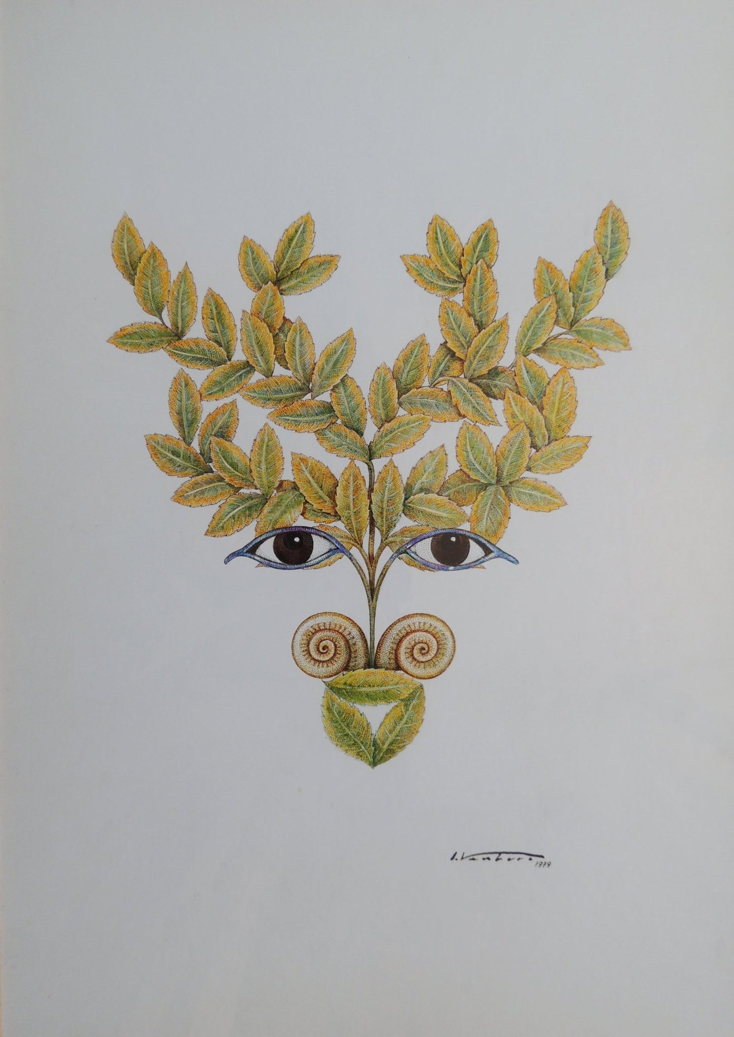 Isidro Ventura - Lérvol, acuarela surrealista con hojas formando un rostro simbólico sobre fondo blanco.