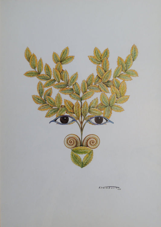 Isidro Ventura - Lérvol, acuarela surrealista con hojas formando un rostro simbólico sobre fondo blanco.