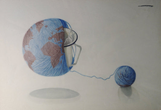 Isidro Ventura, Quina merda de món, acuarela contemporánea con globo terráqueo de hilo azul y taza blanca sobre fondo minimalista.
