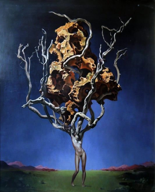 La Maîtresse de Zeus de Jan Van Der Loo, pintura surrealista de realismo fantástico con figura femenina transformada en árbol, ramas retorcidas, estructura mineral orgánica suspendida y paisaje simbólico inspirado en la mitología y la metamorfosis.