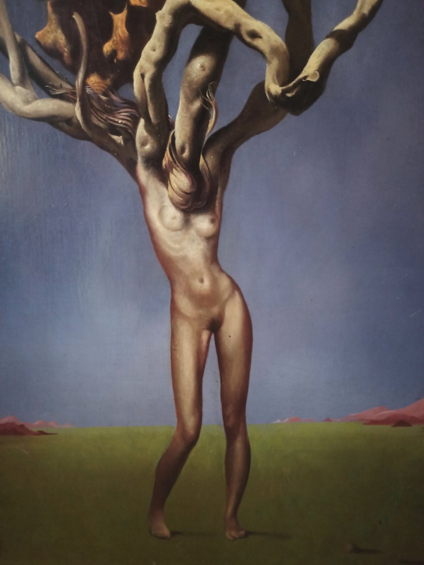 La Maîtresse de Zeus de Jan Van Der Loo, pintura surrealista de realismo fantástico con figura femenina transformada en árbol, ramas retorcidas, estructura mineral orgánica suspendida y paisaje simbólico inspirado en la mitología y la metamorfosis detalle cuerpo