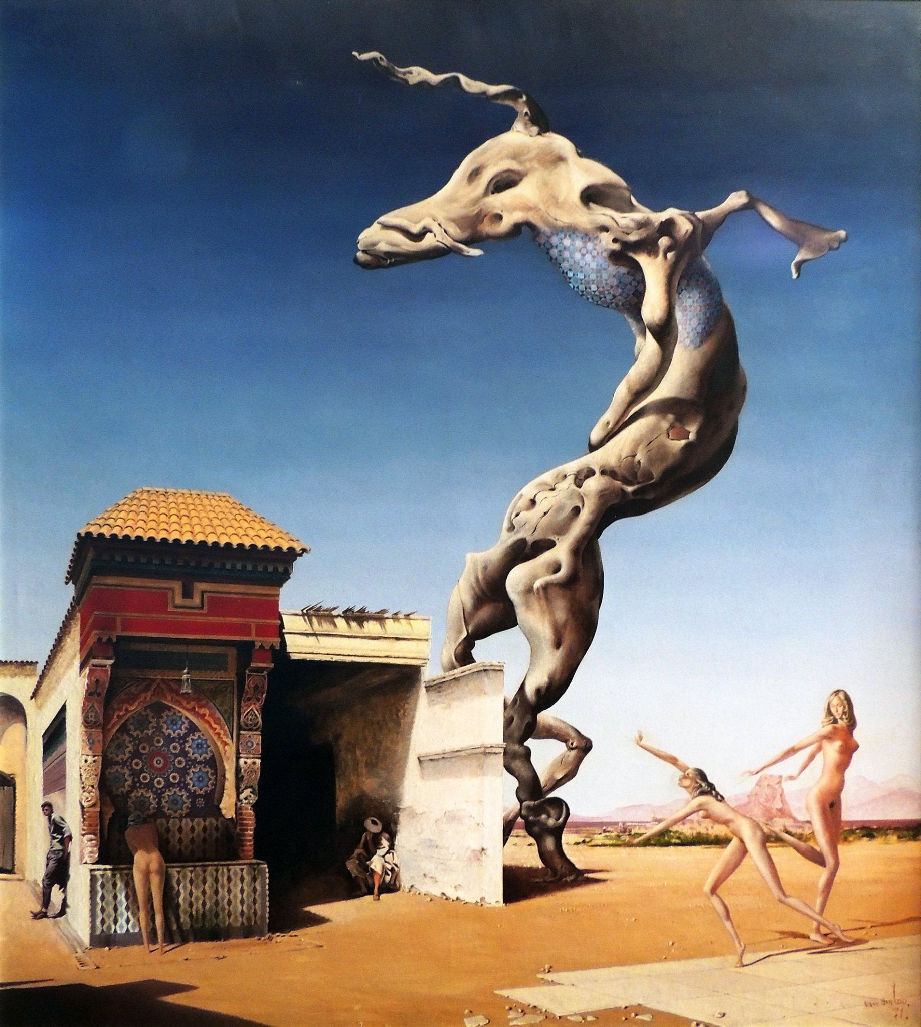 Le Cheval de Vasarely de Jan Van Der Loo, pintura surrealista con un caballo monumental, figuras humanas y arquitectura en un paisaje onírico inspirado en el arte óptico y la imaginación.