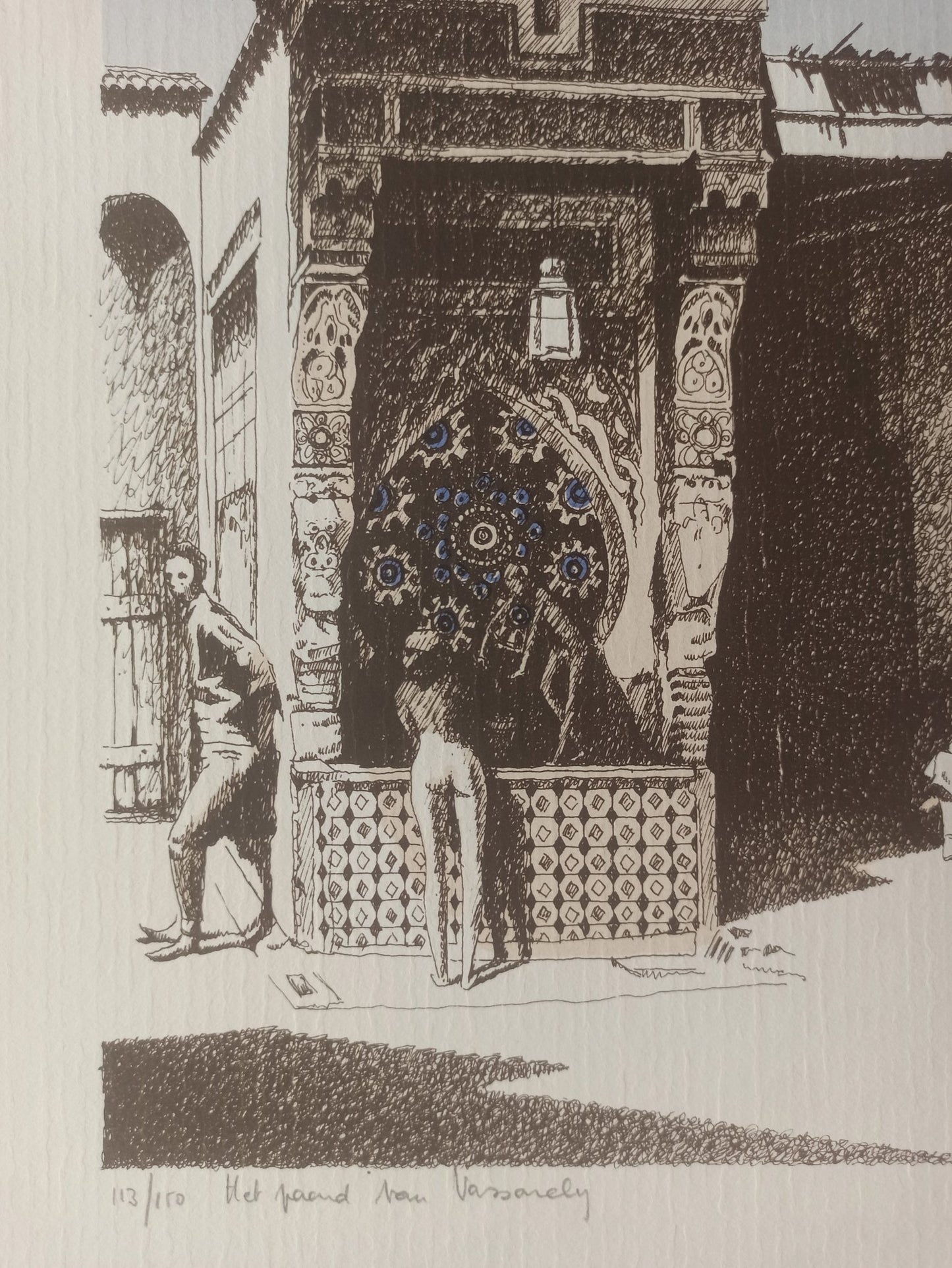 Le Cheval de Vasarely de Jan Van Der Loo, litografía surrealista con caballo metamórfico de formas orgánicas y paisaje arquitectónico mediterráneo, obra de realismo fantástico y simbolismo contemporáneo detalle