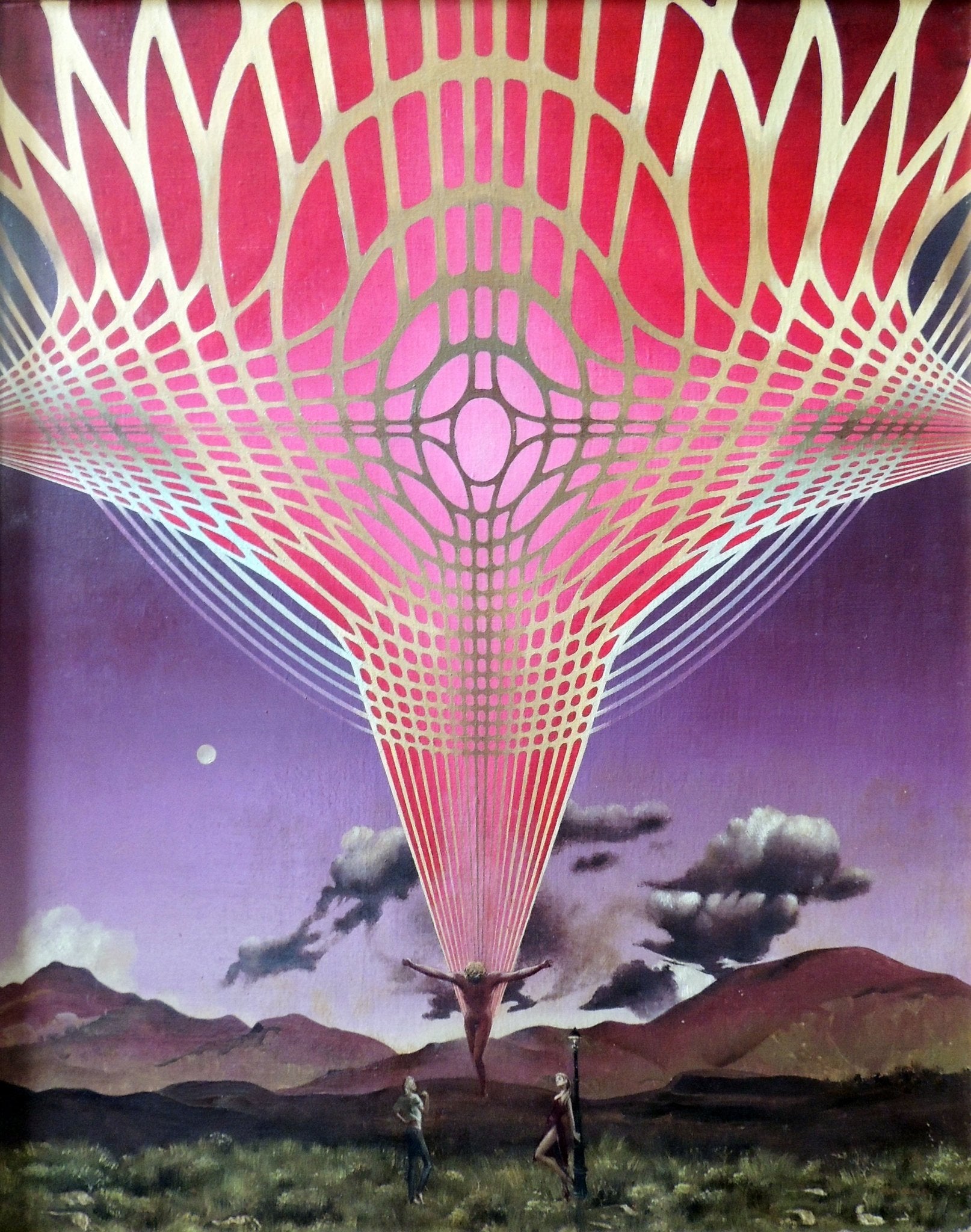 Vision Évangélique de Jan Van Der Loo, pintura surrealista de realismo fantástico con figura suspendida, estructura geométrica luminosa, paisaje onírico y simbolismo espiritual en una composición visionaria contemporánea