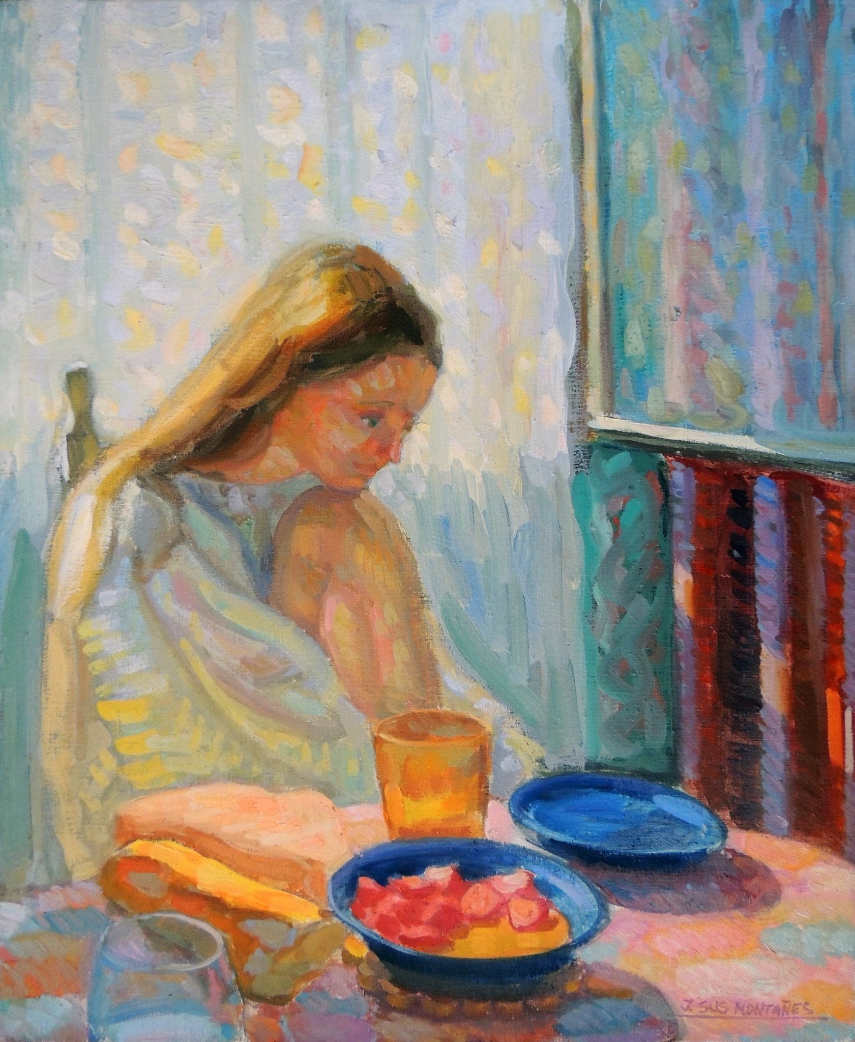 Jesús Montes, Desayuno: mujer sentada junto a una mesa con vajilla y fruta, pintada con pincelada expresiva y tonos luminosos pastel.