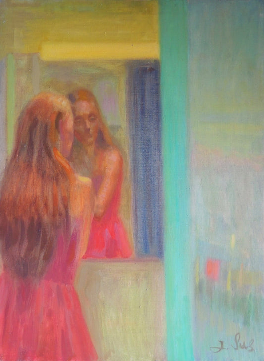 Jesús Sus – Reflejo en el espejo, pintura contemporánea de figura femenina frente a un espejo en tonos cálidos y turquesa.