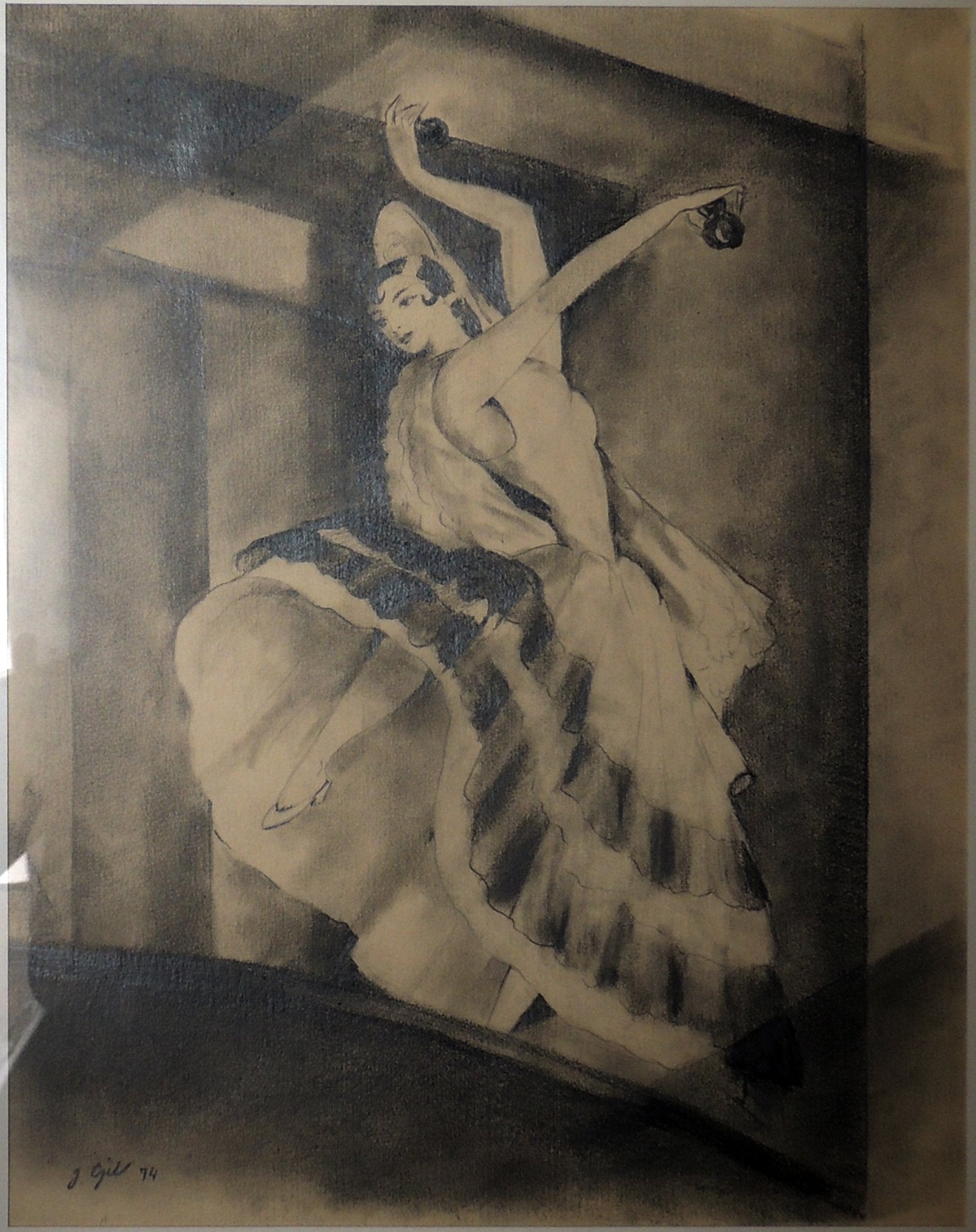 dibujo clásico de Joan Gil Bailarina obra expresionista de bailarina flamenca en movimiento en tonos monocromáticos