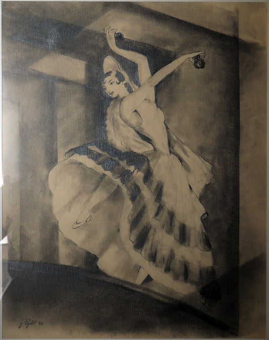 dibujo clásico de Joan Gil Bailarina obra expresionista de bailarina flamenca en movimiento en tonos monocromáticos