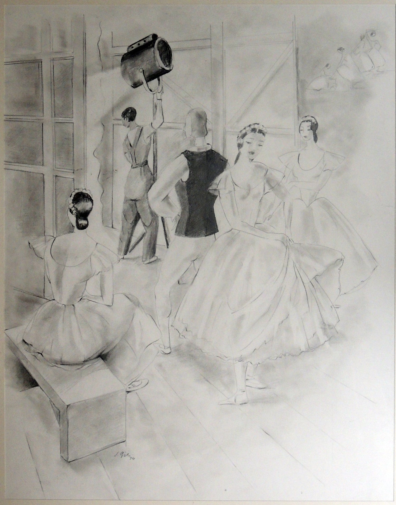 Joan Gil Detrás de las cortinas dibujo de bailarinas de ballet en backstage realizado en grafito y tonos suaves

