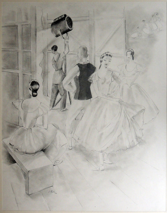 Joan Gil Detrás de las cortinas dibujo de bailarinas de ballet en backstage realizado en grafito y tonos suaves

