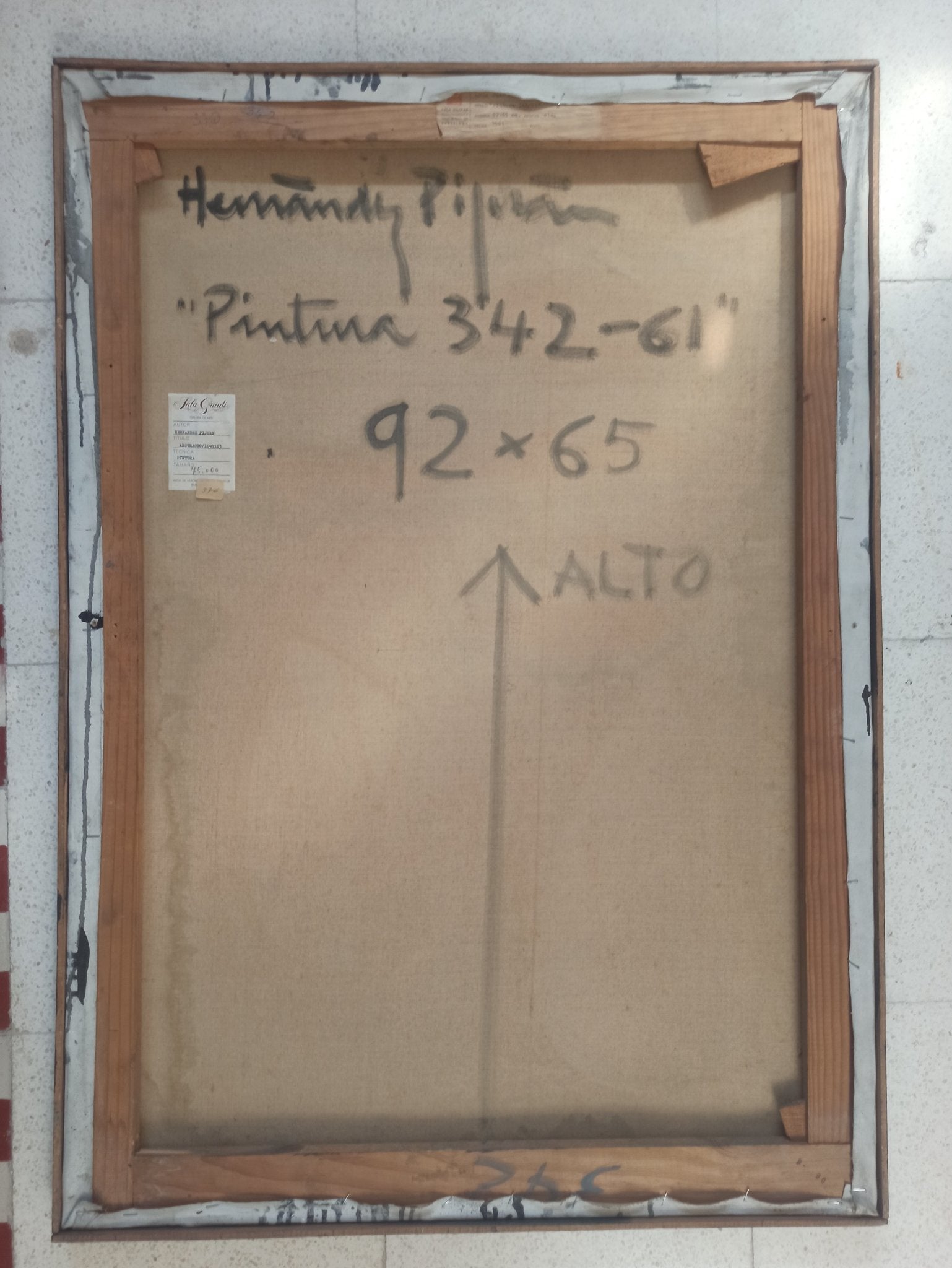 Óleo sobre lienzo de Joan Hernández Pijuán, “Pintura 342-61” (1961), obra temprana. Anverso de obra con firma yfecha.