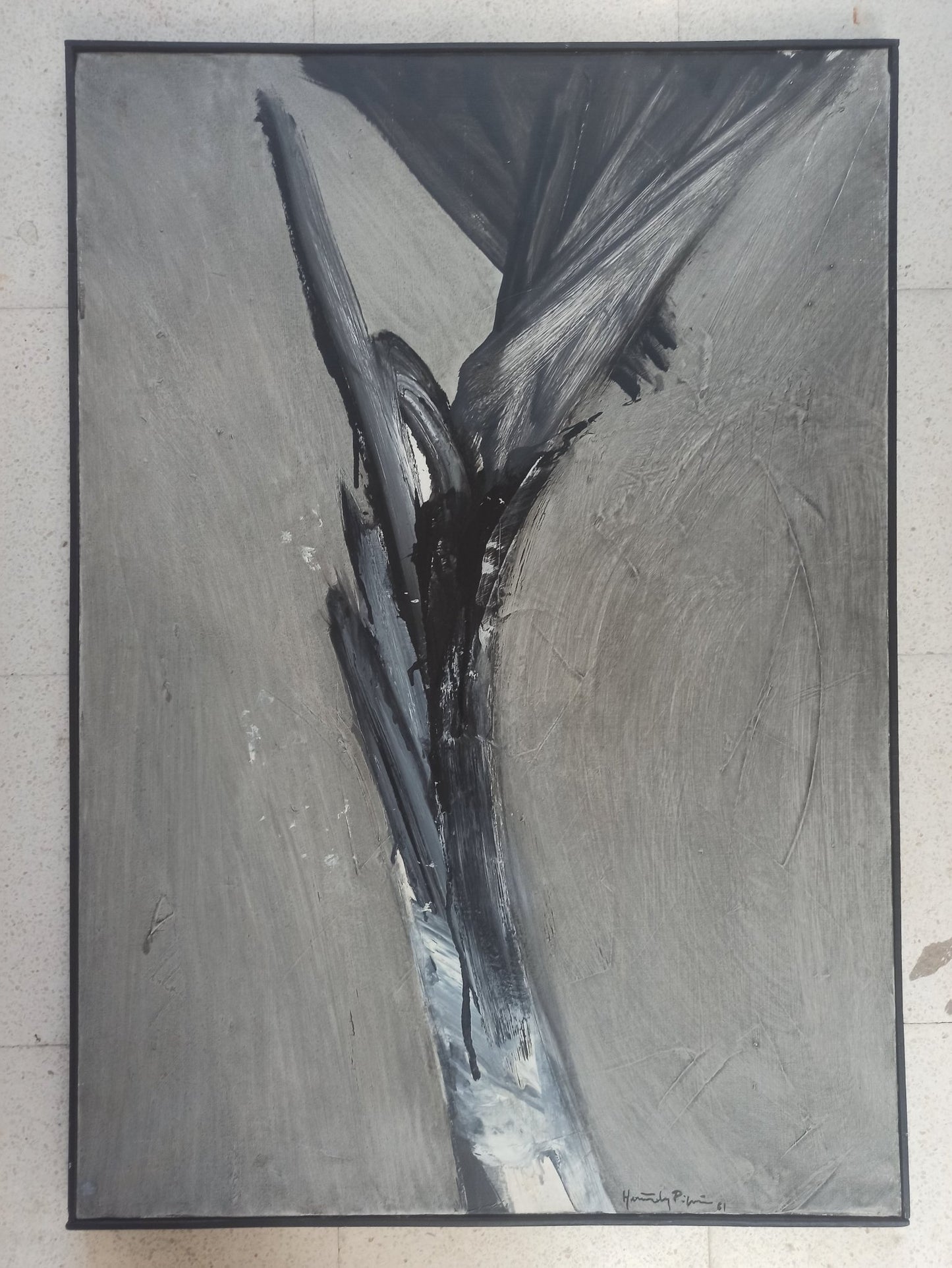 Óleo sobre lienzo de Joan Hernández Pijuán, “Pintura 342-61” (1961), obra temprana con pincelada expresiva, obra enmarcada