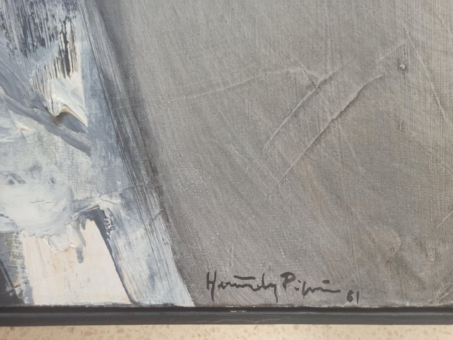 Óleo sobre lienzo de Joan Hernández Pijuán, “Pintura 342-61” (1961), obra temprana con pincelada expresiva, detalle firma y fecha