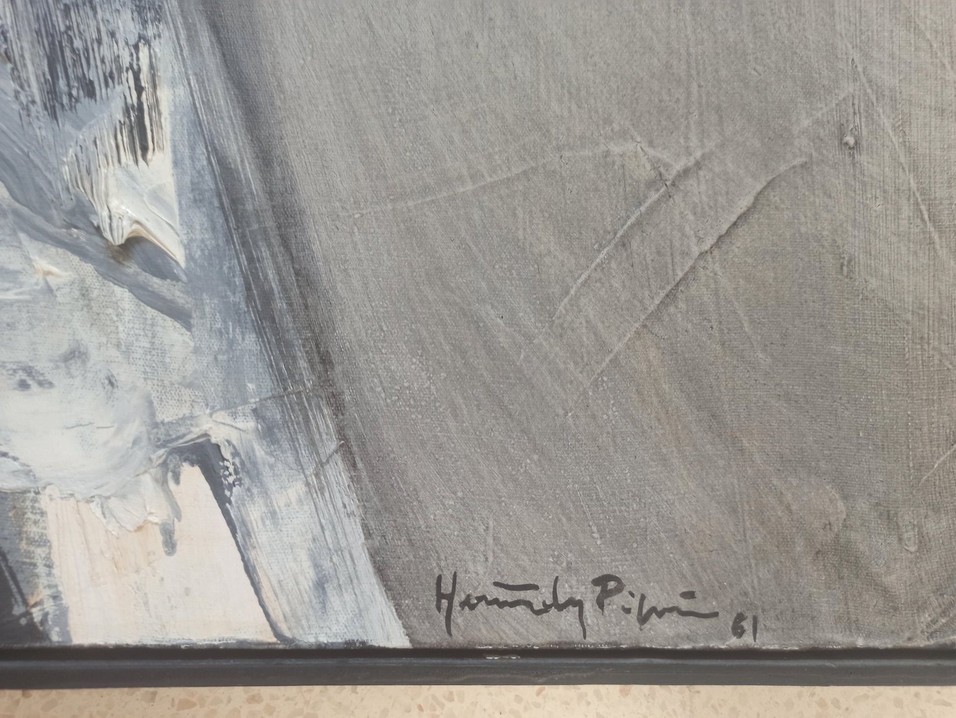 Óleo sobre lienzo de Joan Hernández Pijuán, “Pintura 342-61” (1961), obra temprana con pincelada expresiva, detalle firma y fecha