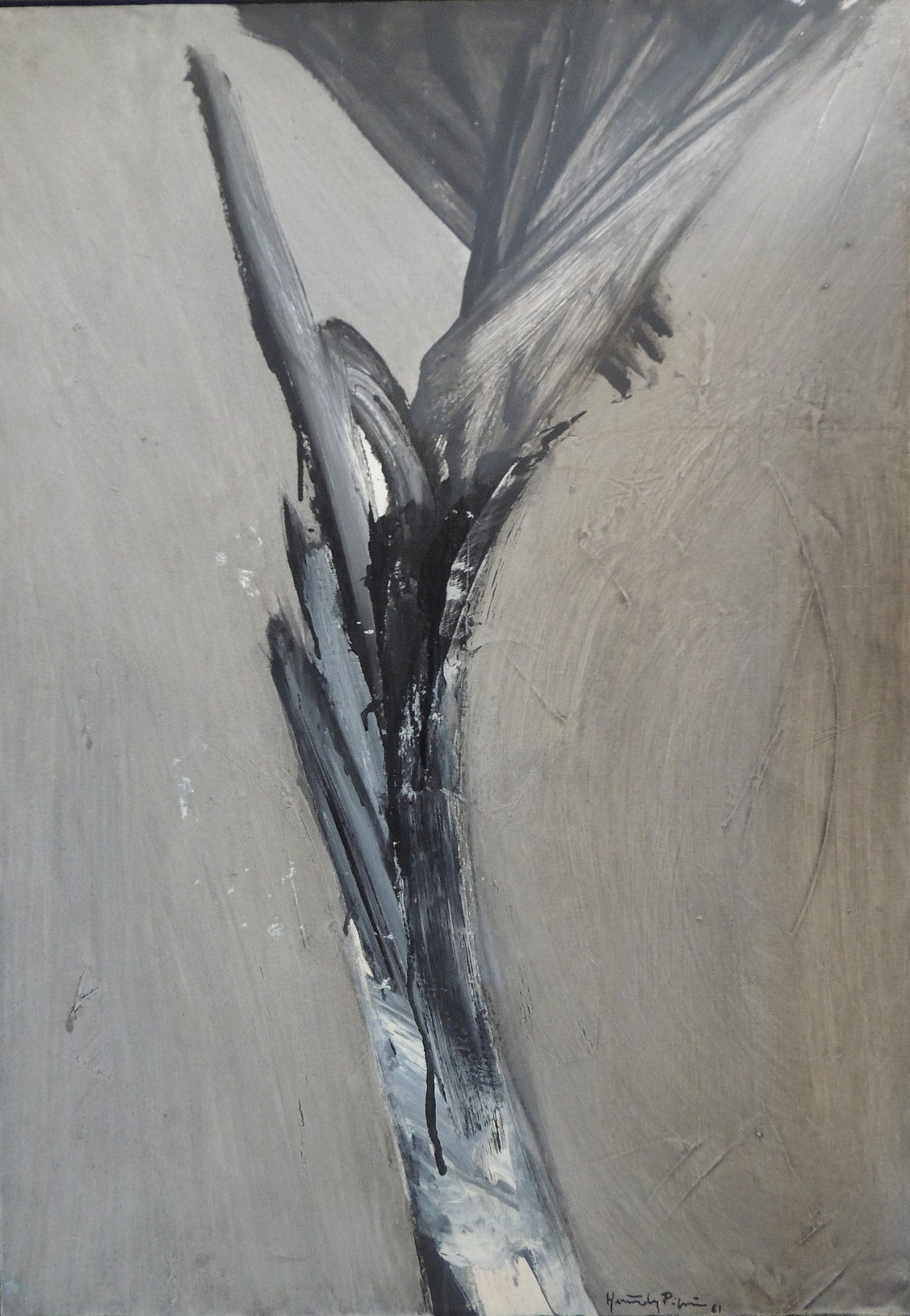 Óleo sobre lienzo de Joan Hernández Pijuán, “Pintura 342-61” (1961), obra temprana con pincelada expresiva y exploración del espacio característica del arte español de los años sesenta.