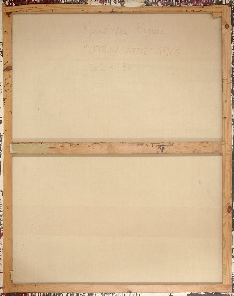 Óleo sobre lienzo de Joan Hernández Pijuán, “Vitrina azul” (1965), composición de espacio arquitectónico oscuro con gesto pictórico central y gran profundidad expresiva, anverso de obra