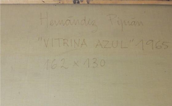 Óleo sobre lienzo de Joan Hernández Pijuán, “Vitrina azul” (1965), anverso de obra con firma