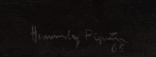 Óleo sobre lienzo de Joan Hernández Pijuán, “Vitrina azul” (1965), detalle firma y fecha