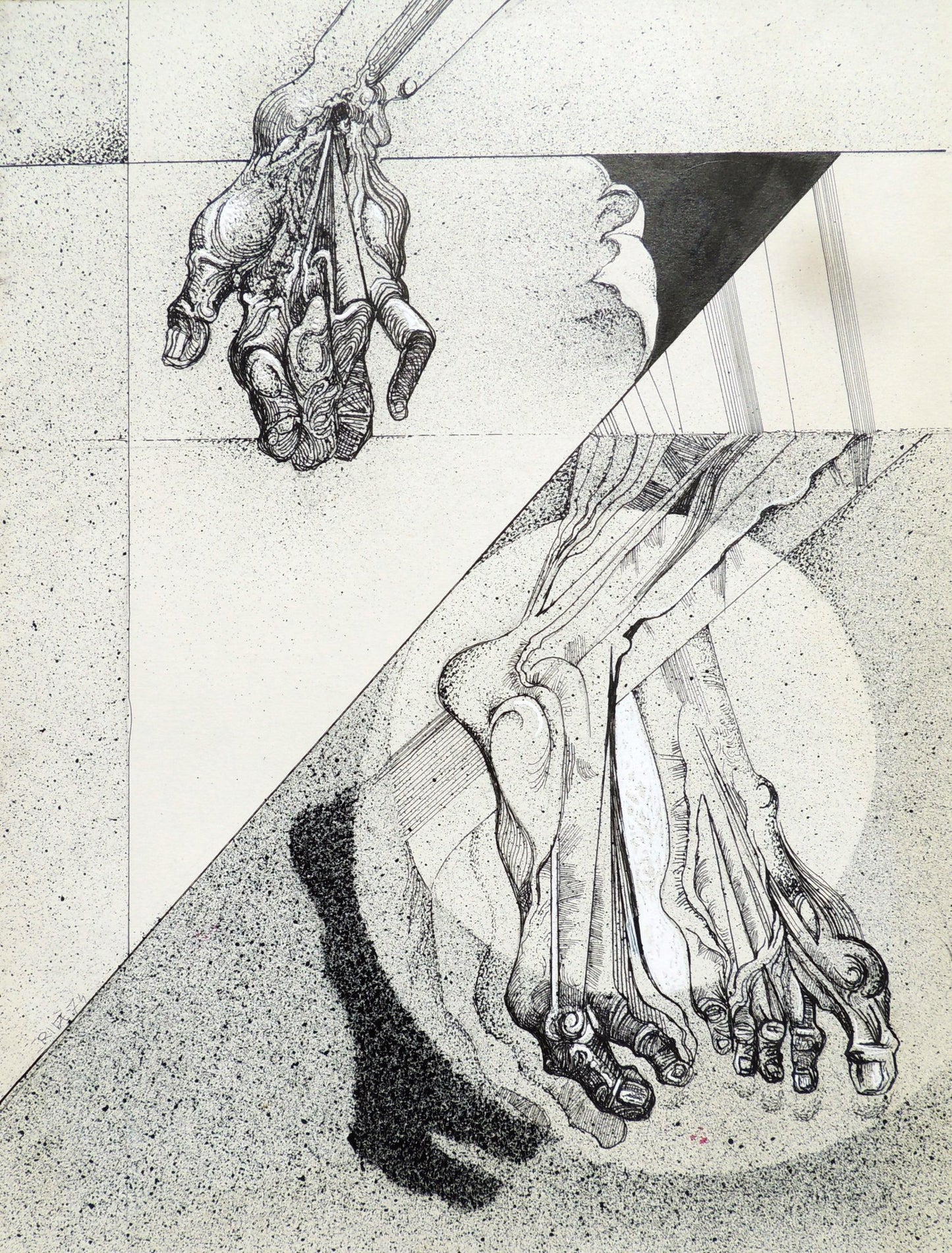 Dibujo original de Joan Rifà - A través arte contemporáneo en Gaudifond manos y pies 