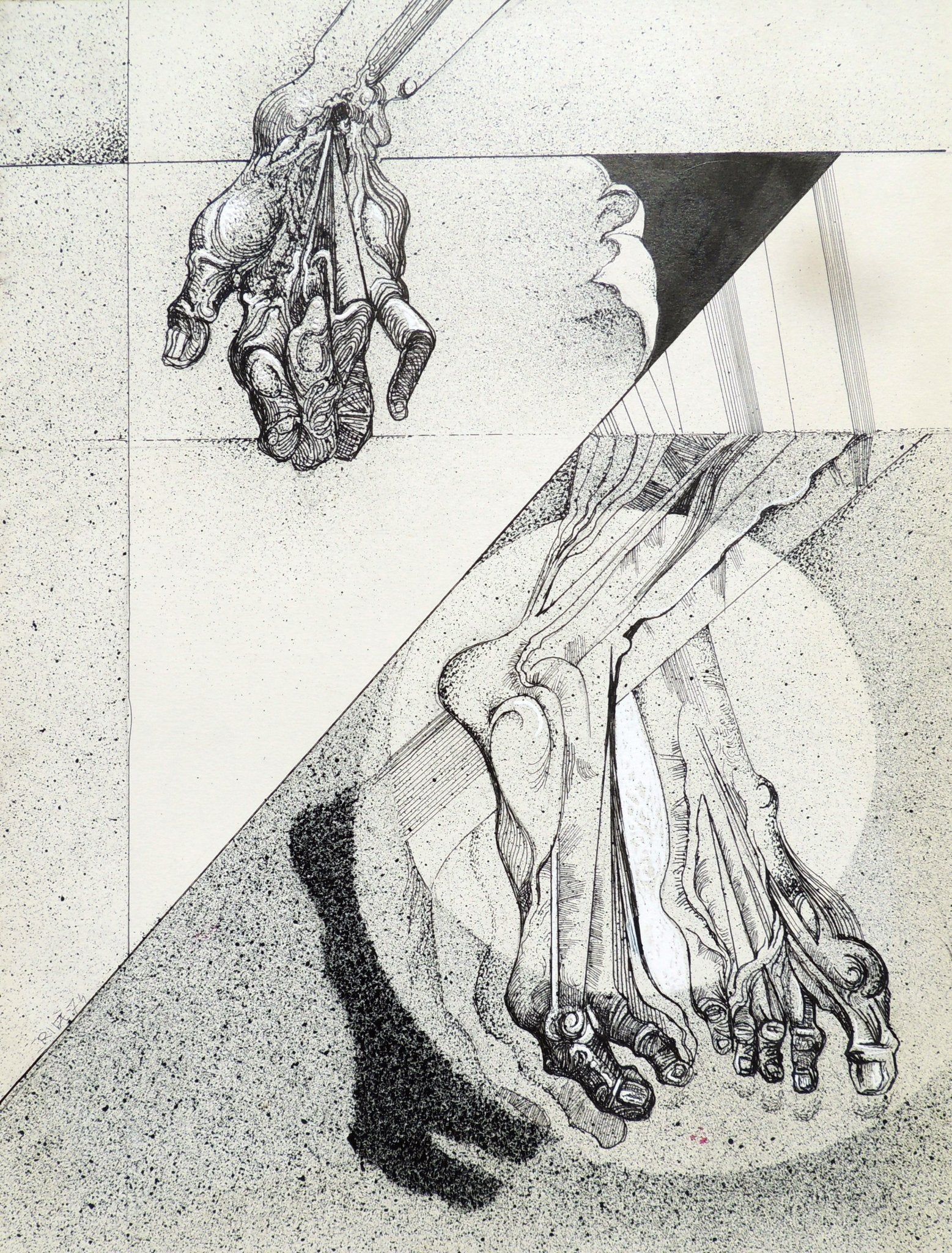 Dibujo original de Joan Rifà - A través arte contemporáneo en Gaudifond manos y pies 