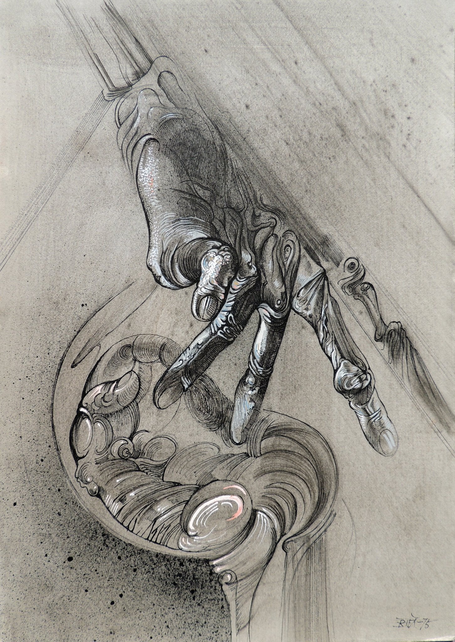 Contactes de Joan Rifà, dibujo surrealista en grafito con mano abstracta y formas orgánicas de gran detalle sobre fondo monocromático.