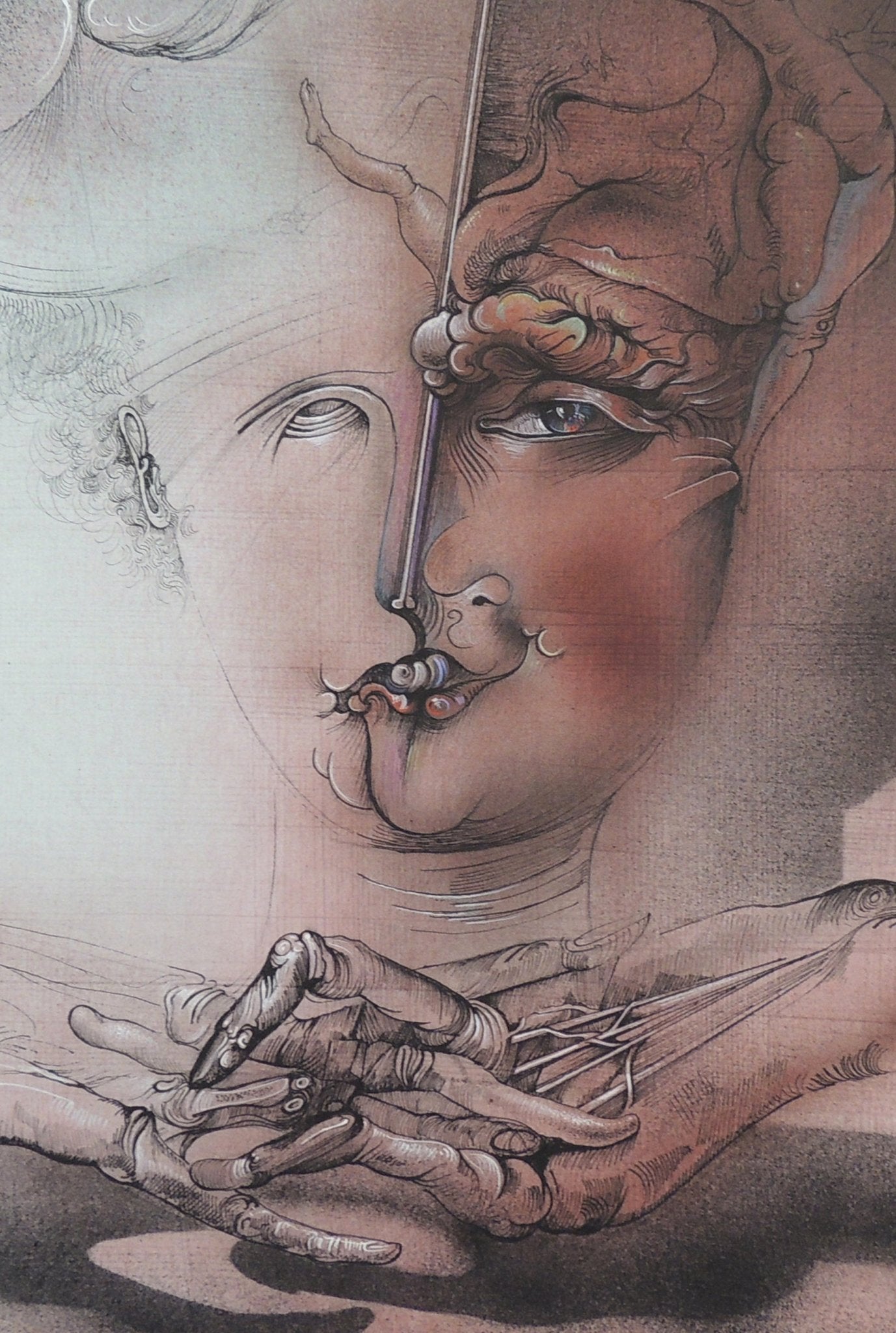 Dibujo original de Joan Rifà - Pensando arte contemporáneo en Gaudifond, retrato surrealista detalle rostro