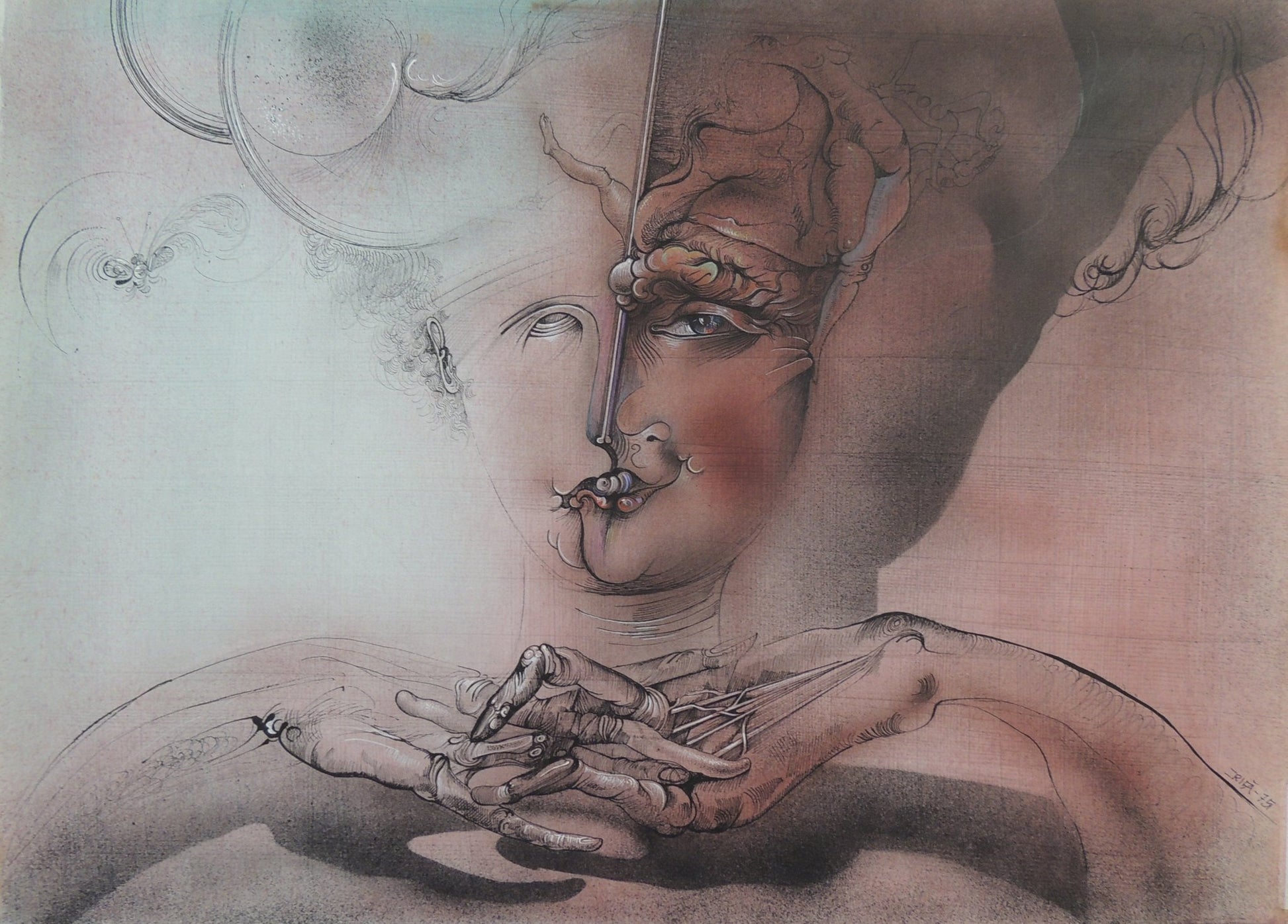 Dibujo original de Joan Rifà - Pensando arte contemporáneo en Gaudifond, retrato surrealista