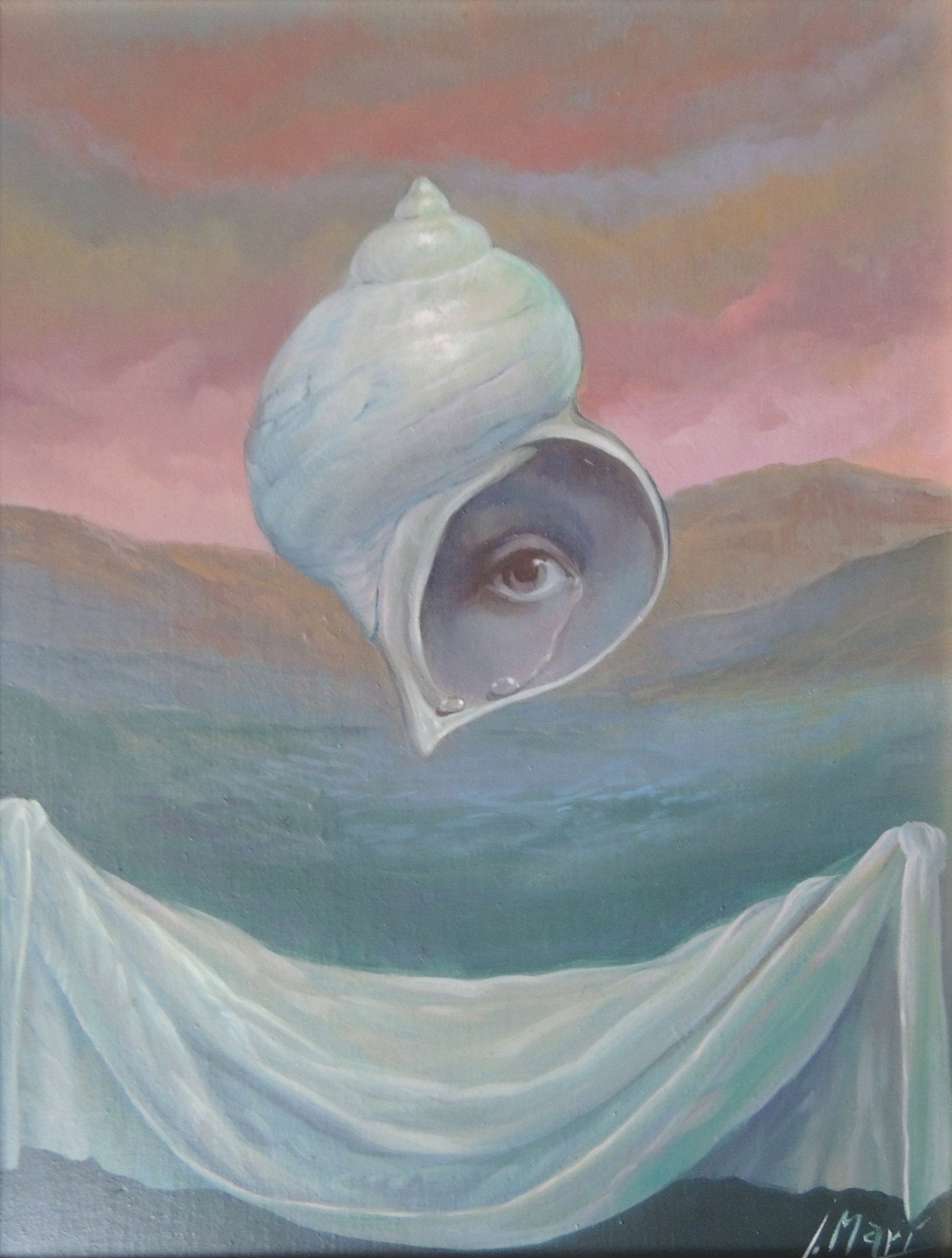 José Marí Llobet - Introversión, pintura surrealista con ojo dentro de una concha marina sobre paisaje onírico y cielo rosado, símbolo de introspección y mundo interior.