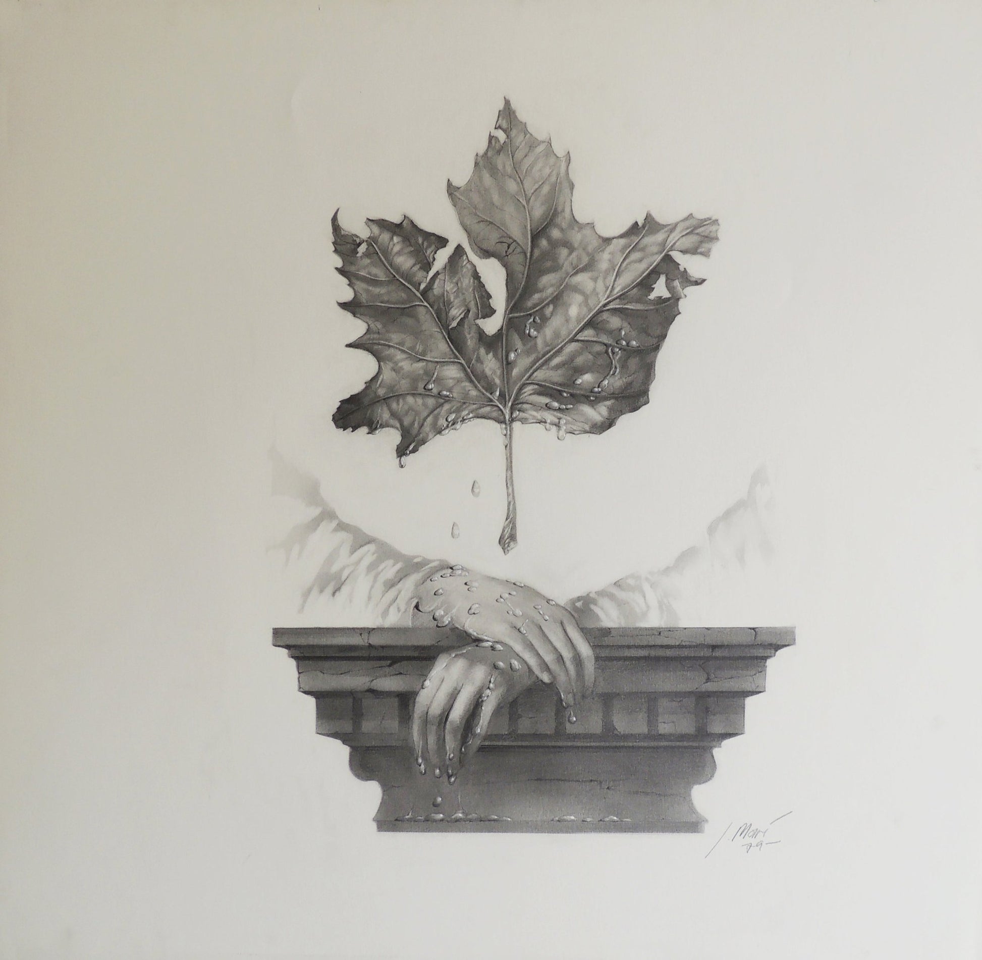 José Marí Llobet, Manos y hoja, dibujo figurativo con manos humanas y una hoja, composición simbólica y trazo delicado de estilo reflexivo.