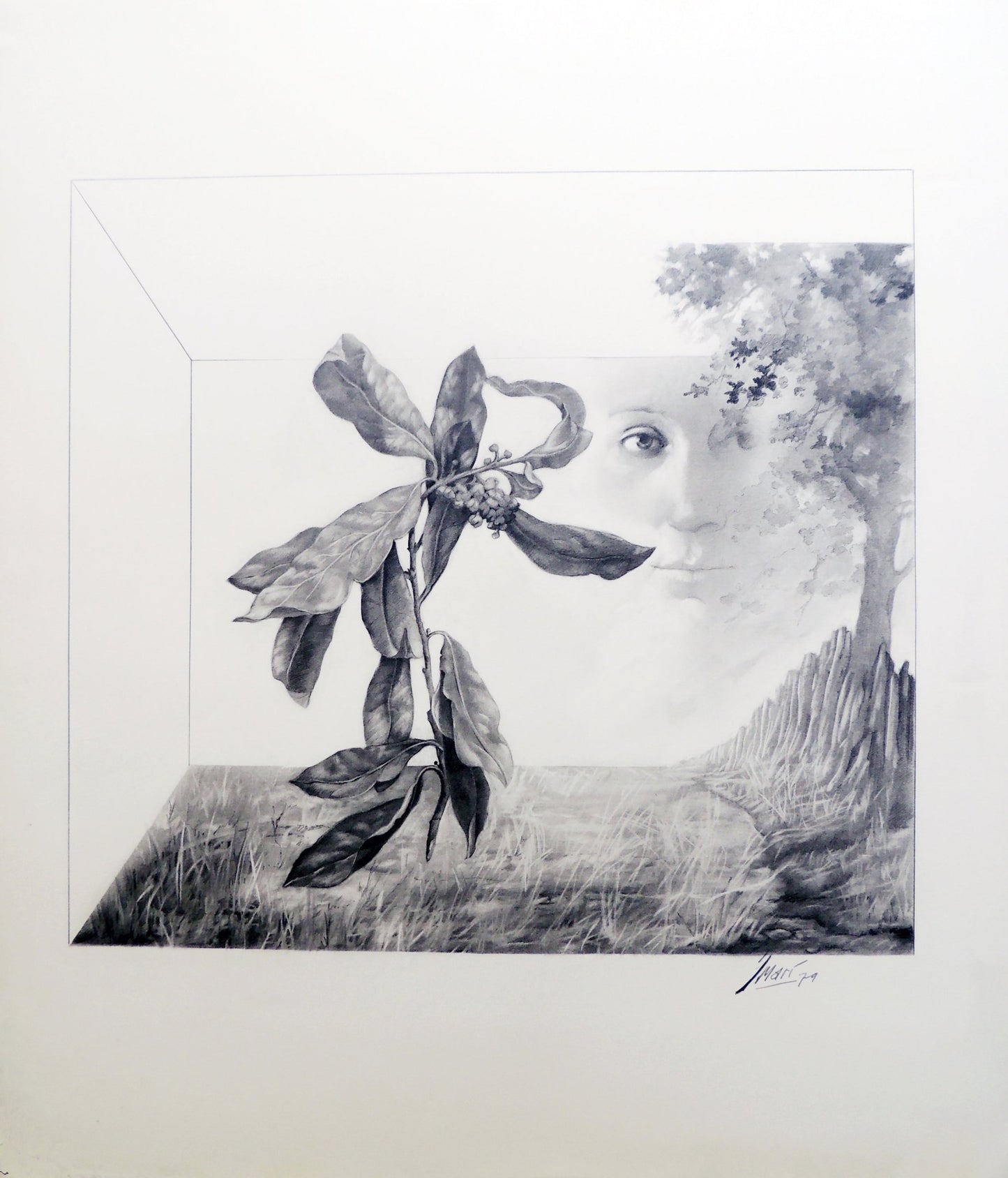 José Marí Llobet, Rostro y Naturaleza, obra figurativa con rostro humano integrado en elementos naturales, composición simbólica sobre identidad y naturaleza.