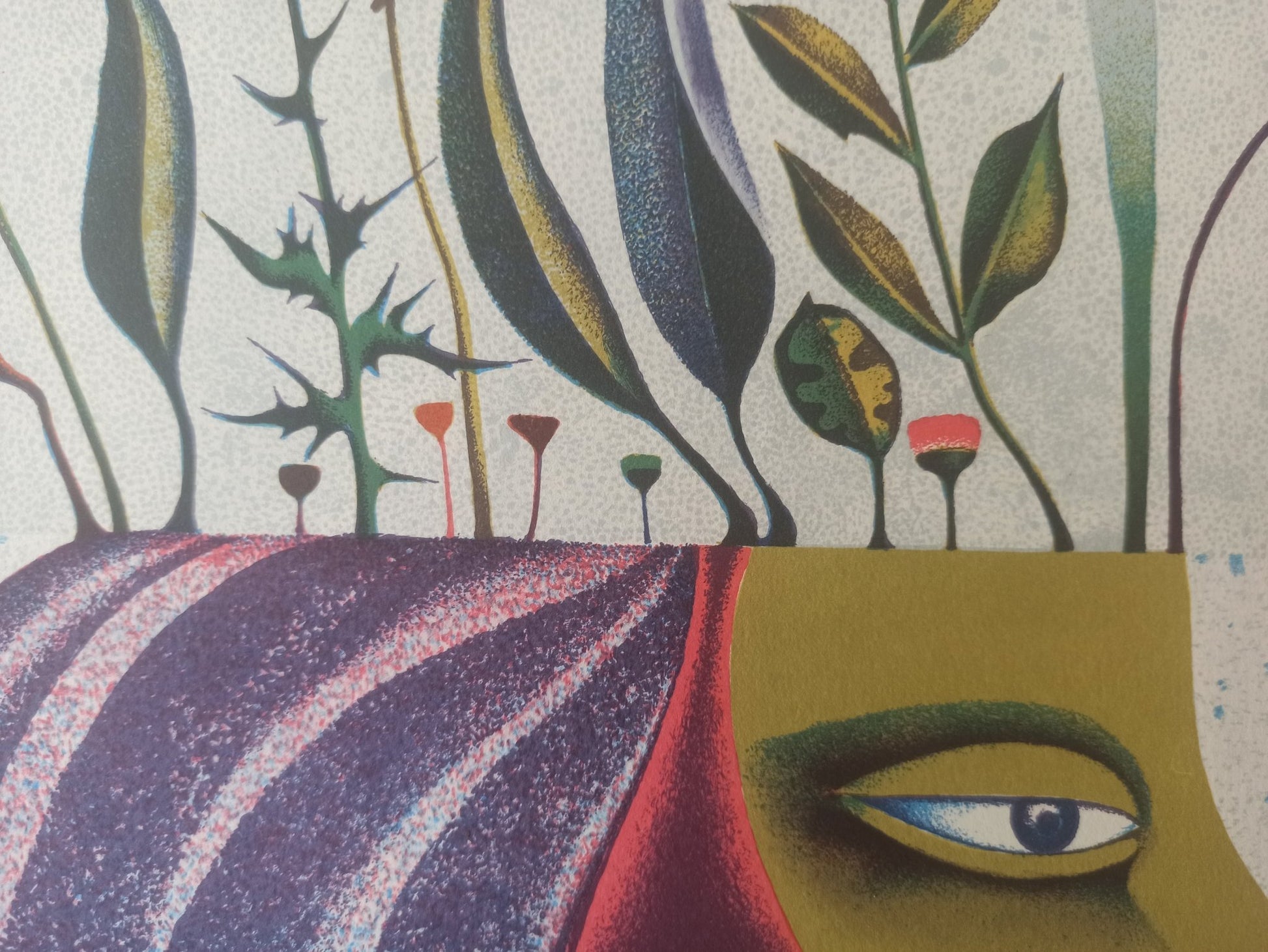 Josep Maria Rovira-Brull Cabeza vegetal litografía surrealista firmada y numerada con figura femenina y elementos botánicos detalle plantas