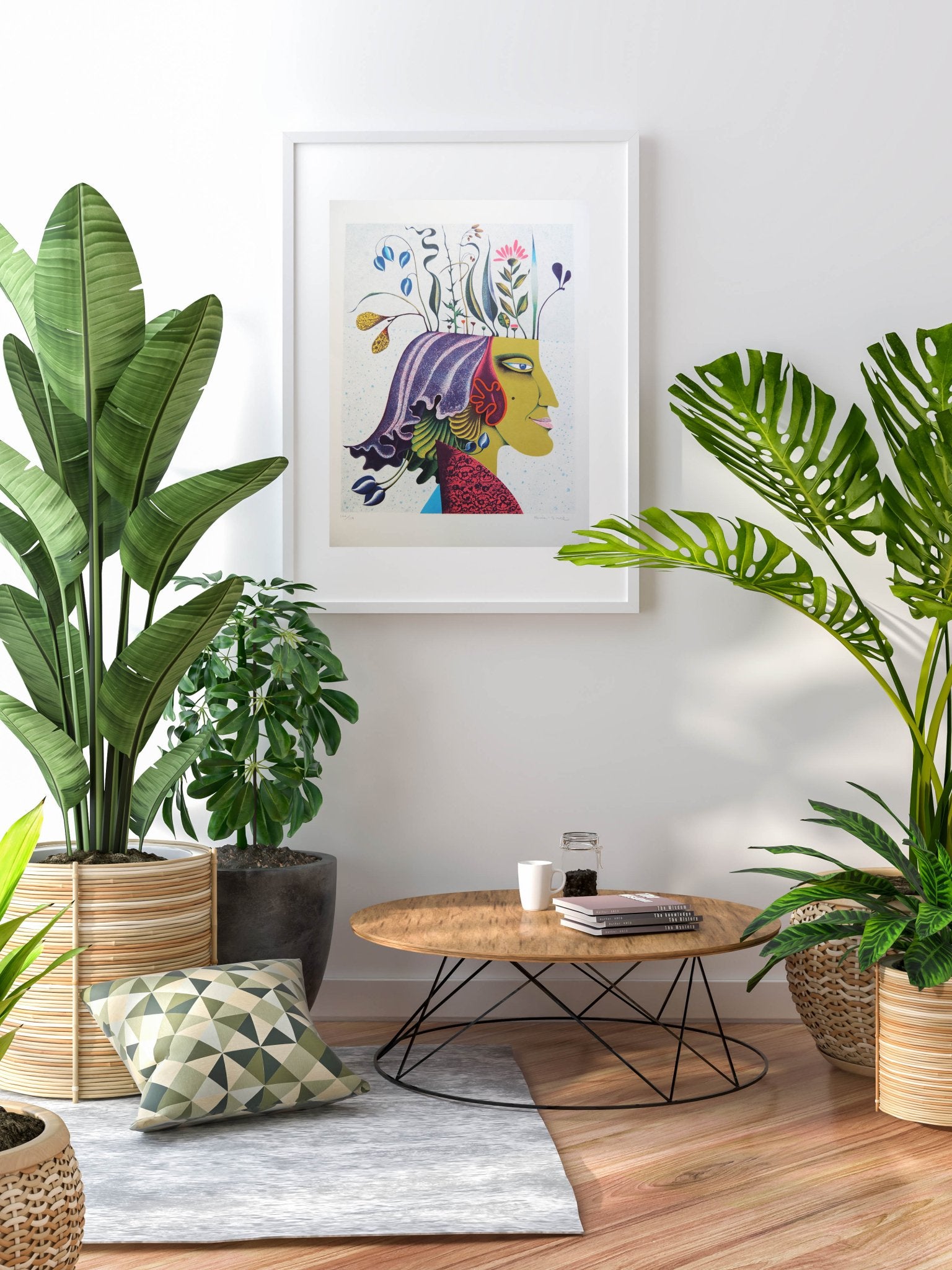 Josep Maria Rovira-Brull Cabeza vegetal litografía surrealista firmada y numerada con figura femenina y elementos botánicos decoración