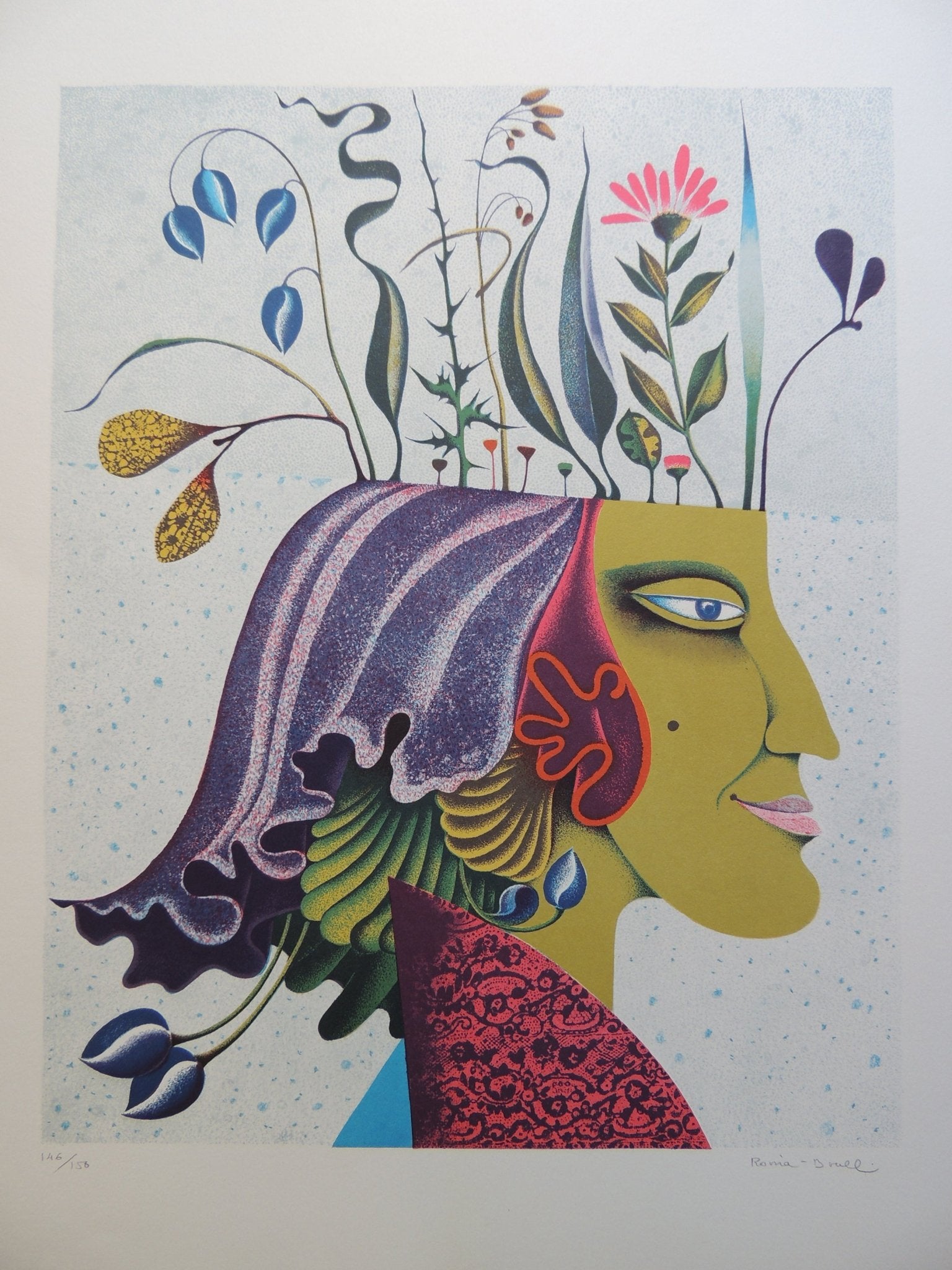 Josep Maria Rovira-Brull Cabeza vegetal litografía surrealista firmada y numerada con figura femenina y elementos botánicos