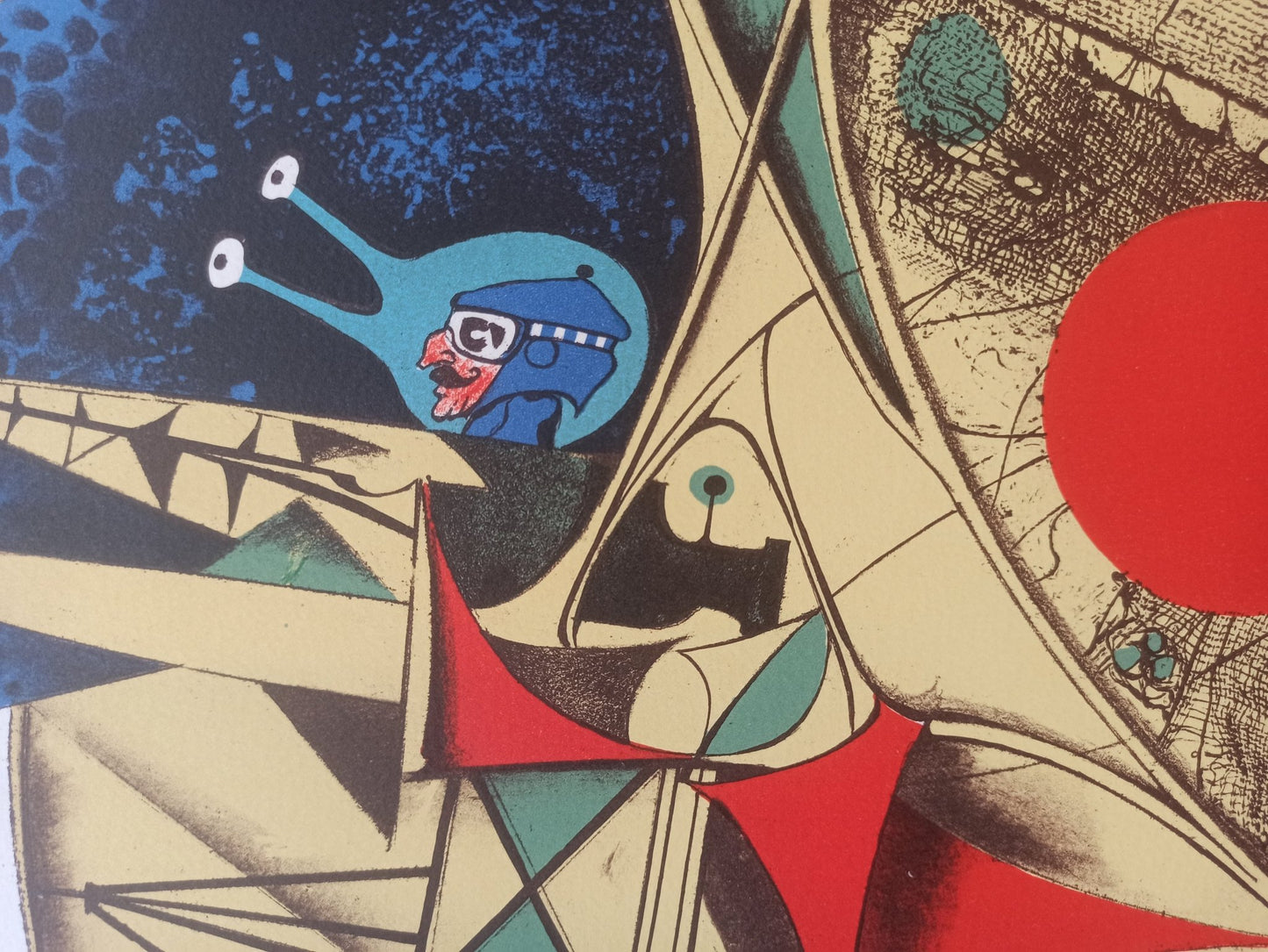 Josep Maria Rovira-Brull El avión litografía surrealista firmada y numerada fondo azul y un avión antiguo  detalle piloto