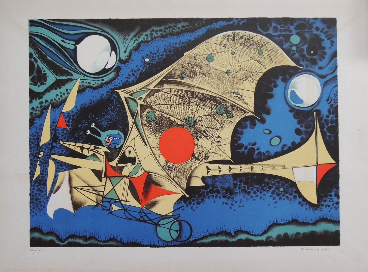 Josep Maria Rovira-Brull El avión litografía surrealista firmada y numerada fondo azul y un avión antiguo 
