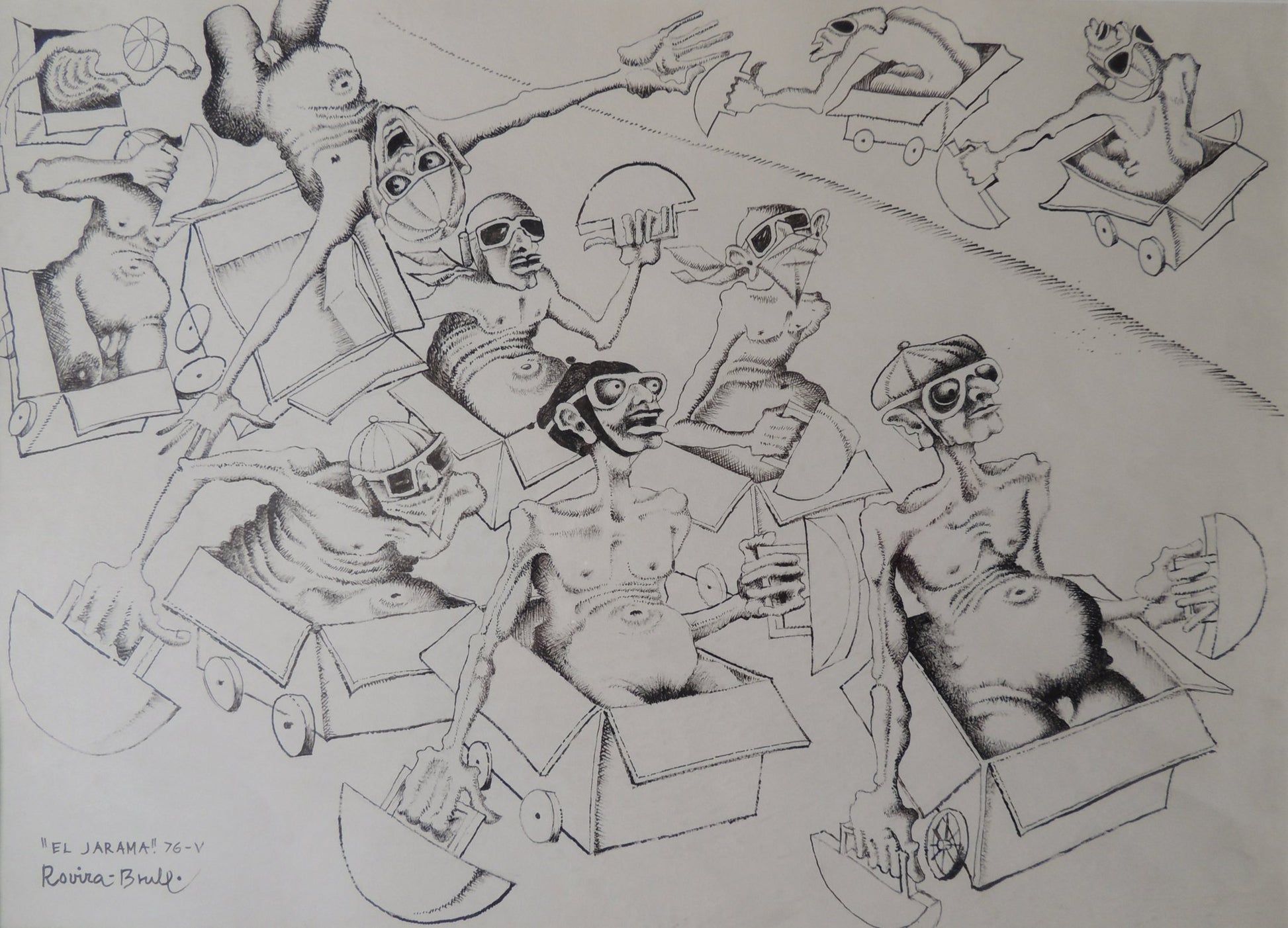 Josep Maria Rovira-Brull El Jarama dibujo surrealista en blanco y negro con figuras expresionistas