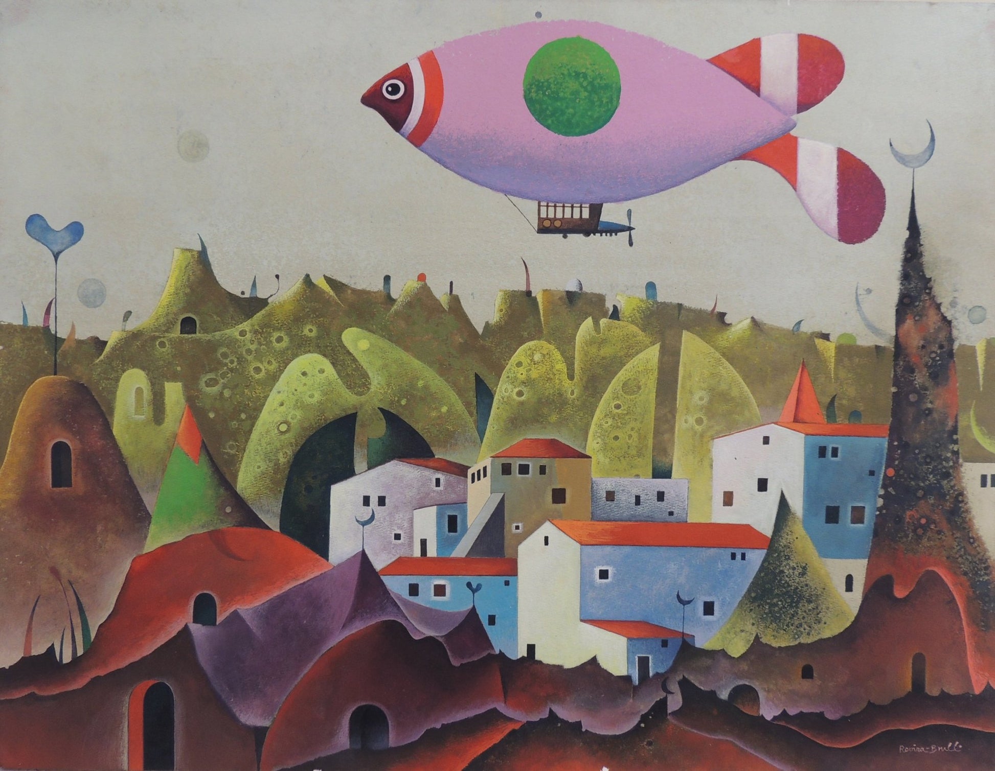 Josep Maria Rovira-Brull El poble pintura surrealista con paisaje imaginario, casas mediterráneas y pez volador rosa