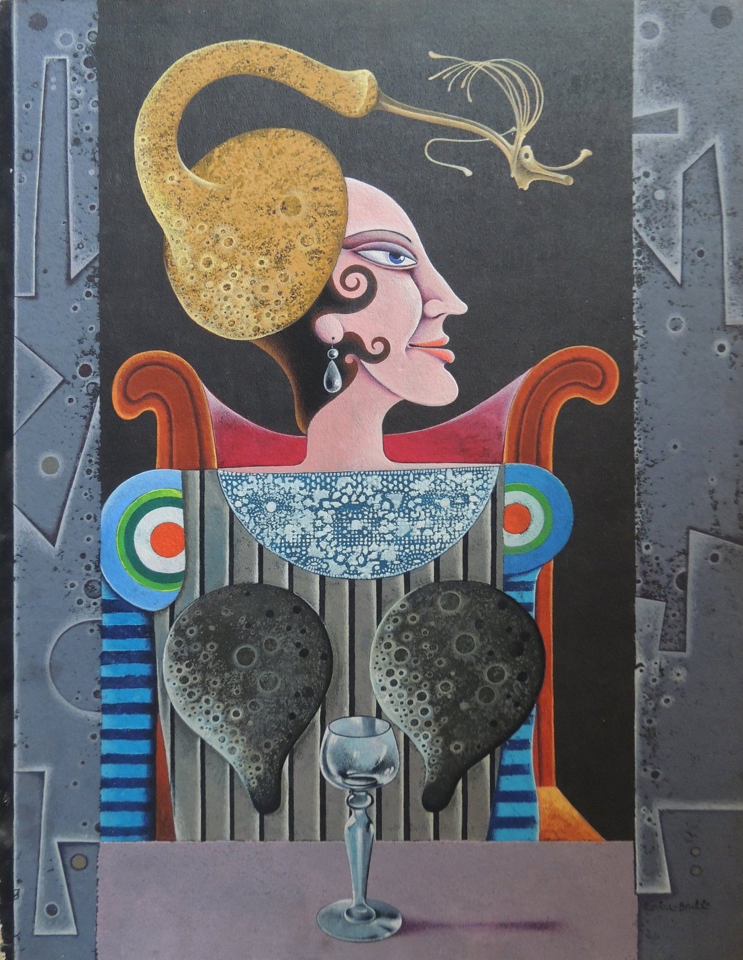Josep Maria Rovira-Brull La copeta d’anís pintura surrealista figura femenina neosimbolista sobre fondo oscuro