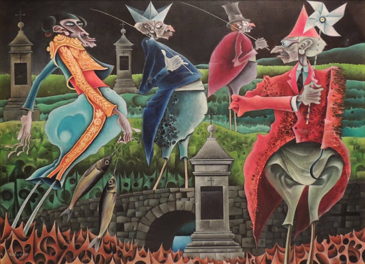cuadro original de vendor Josep Maria Rovira Brull - La diestra divina entierra la sardina arte contemporáneo en Gaudifond