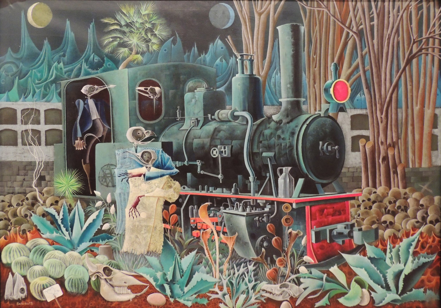 Josep Maria Rovira-Brull Los amantes, pintura surrealista con locomotora, figuras esqueléticas y paisaje simbólico, óleo sobre lienzo.