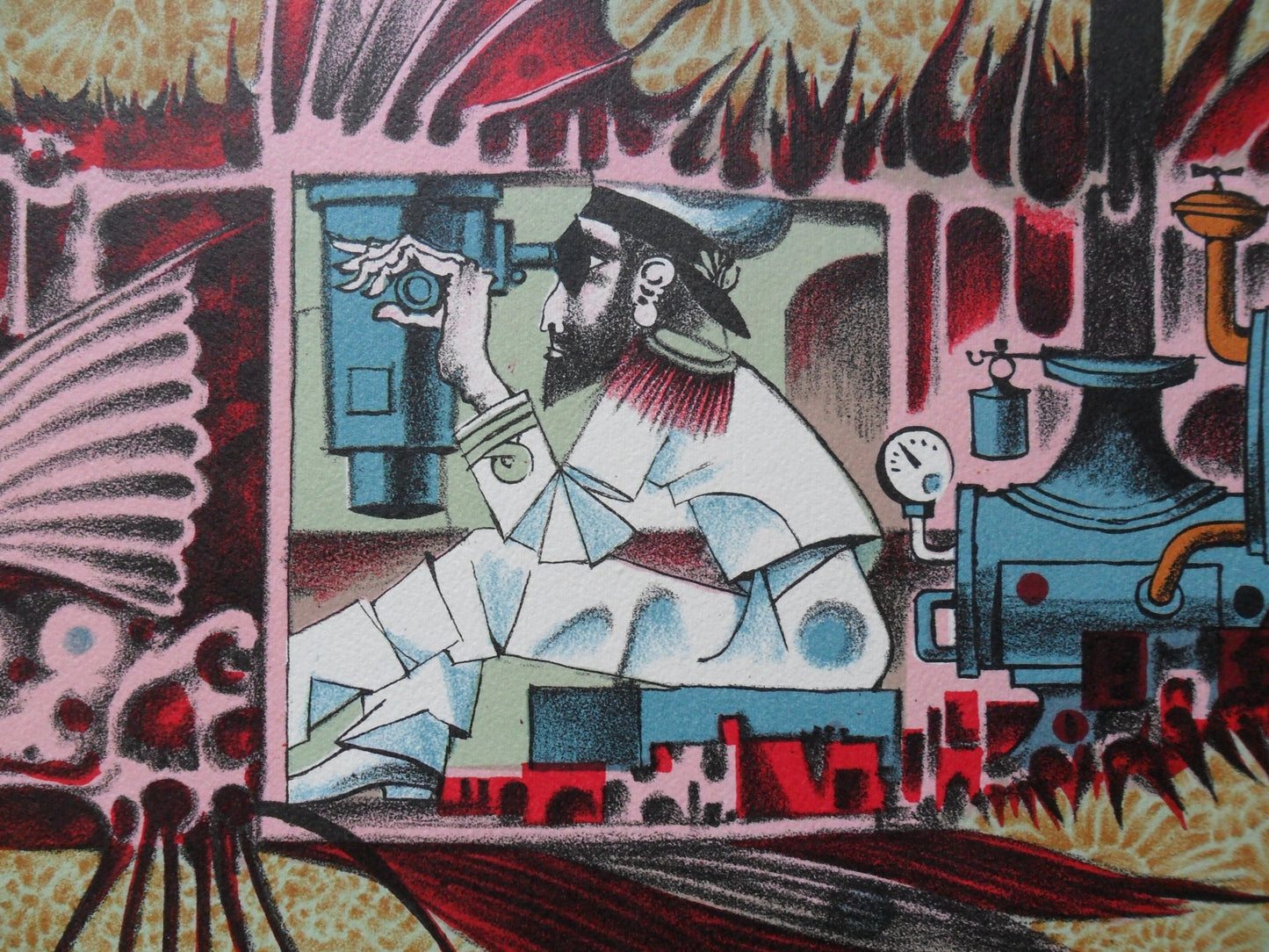 Josep Maria Rovira-Brull Peix litografía surrealista original firmada y numerada colores vivos pez en forma de submarino detalle hombre