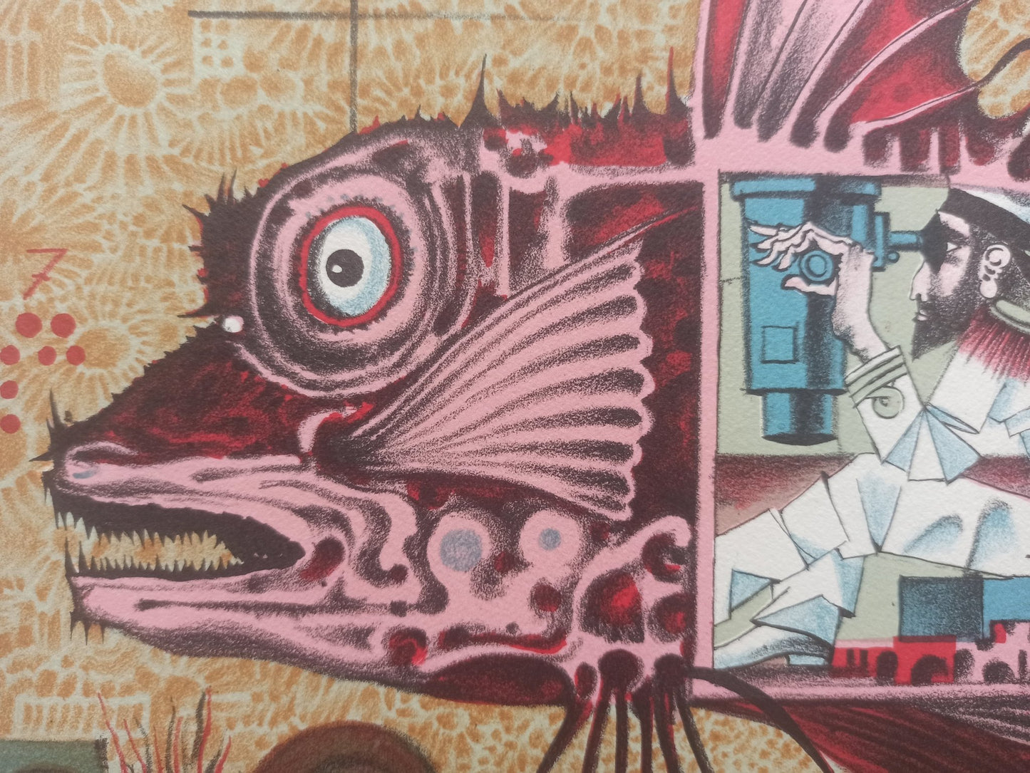 Josep Maria Rovira-Brull Peix litografía surrealista original firmada y numerada colores vivos pez en forma de submarino detalle