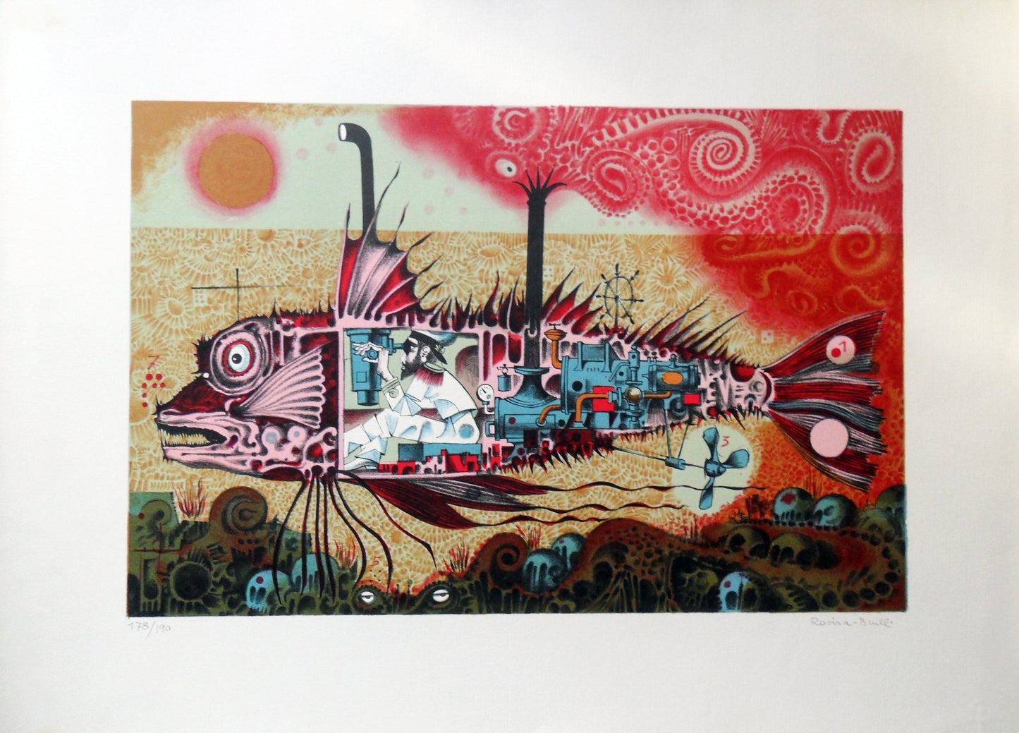 Josep Maria Rovira-Brull Peix litografía surrealista original firmada y numerada colores vivos pez en forma de submarino 