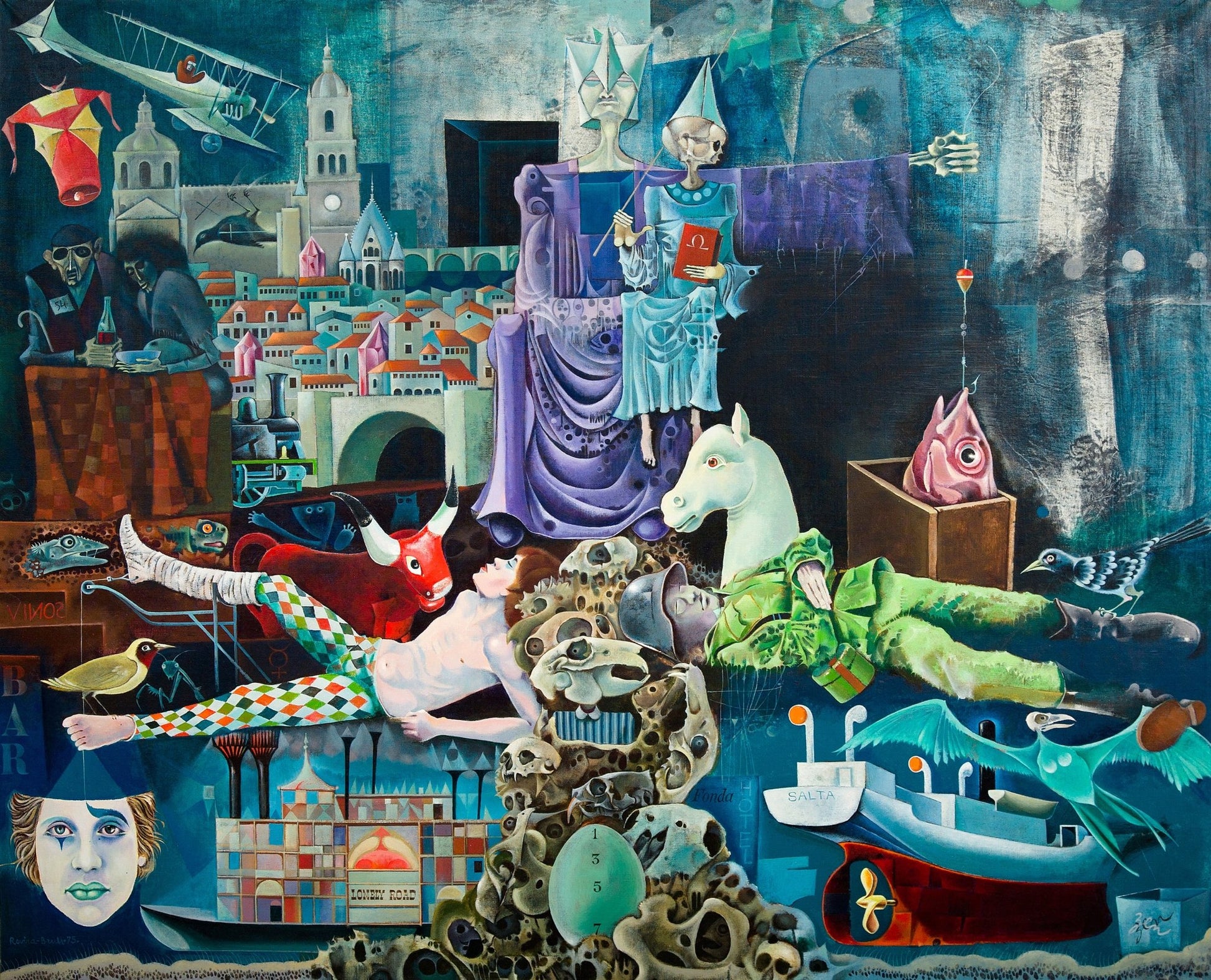 Josep Maria Rovira Brull Salamanca cuadro surrealista con paisaje urbana fantástica, personajes simbólicos, figuras oníricas, esqueletos y fondo rojo intenso, inspiración Guernica Picasso