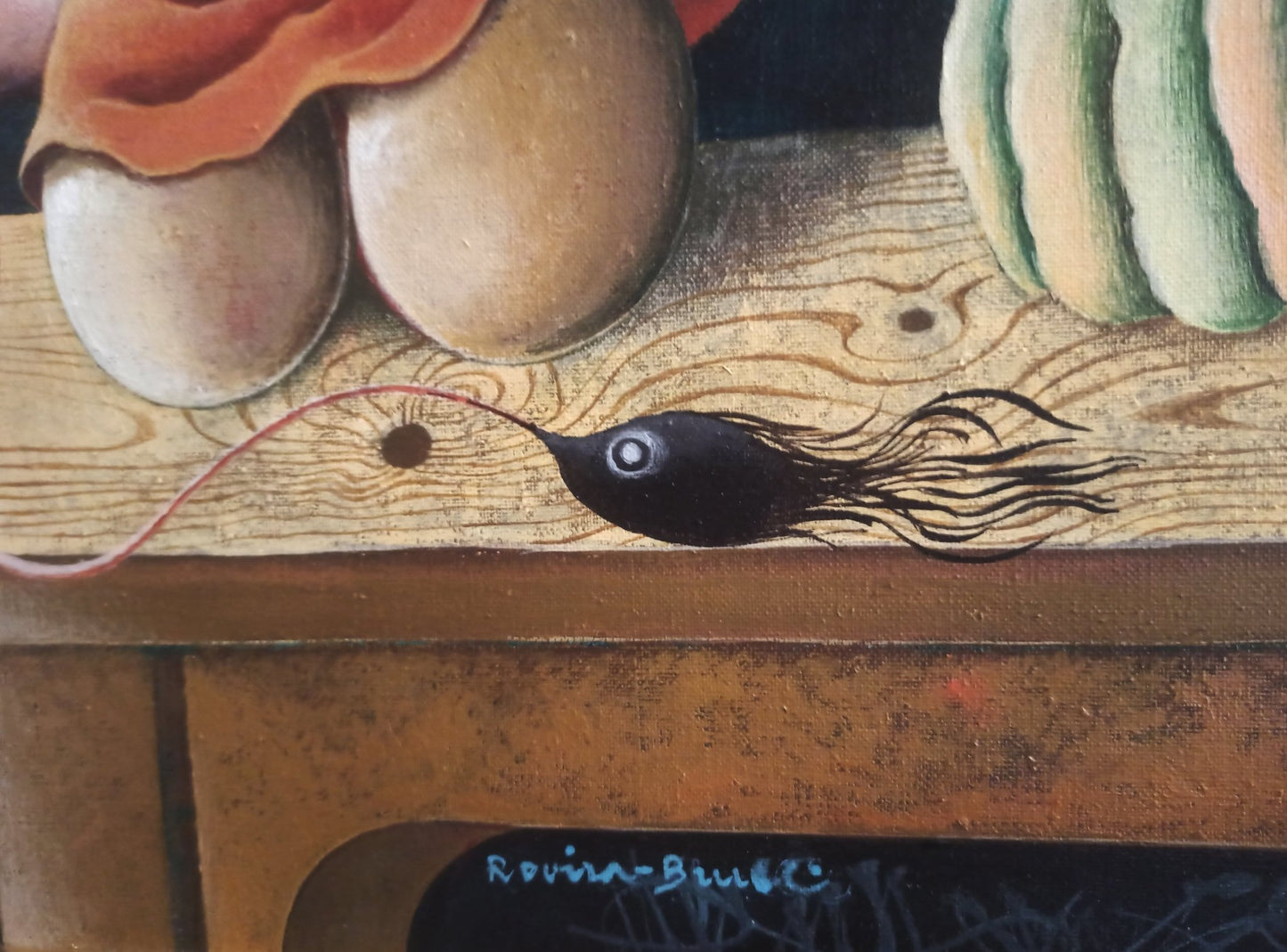 Josep Maria Rovira-Brull, Timba de cornudos y alcahuetas, pintura surrealista y simbólica con personajes grotescos, crítica social, sátira visual y composición alegórica de gran fuerza narrativa detalle firma
