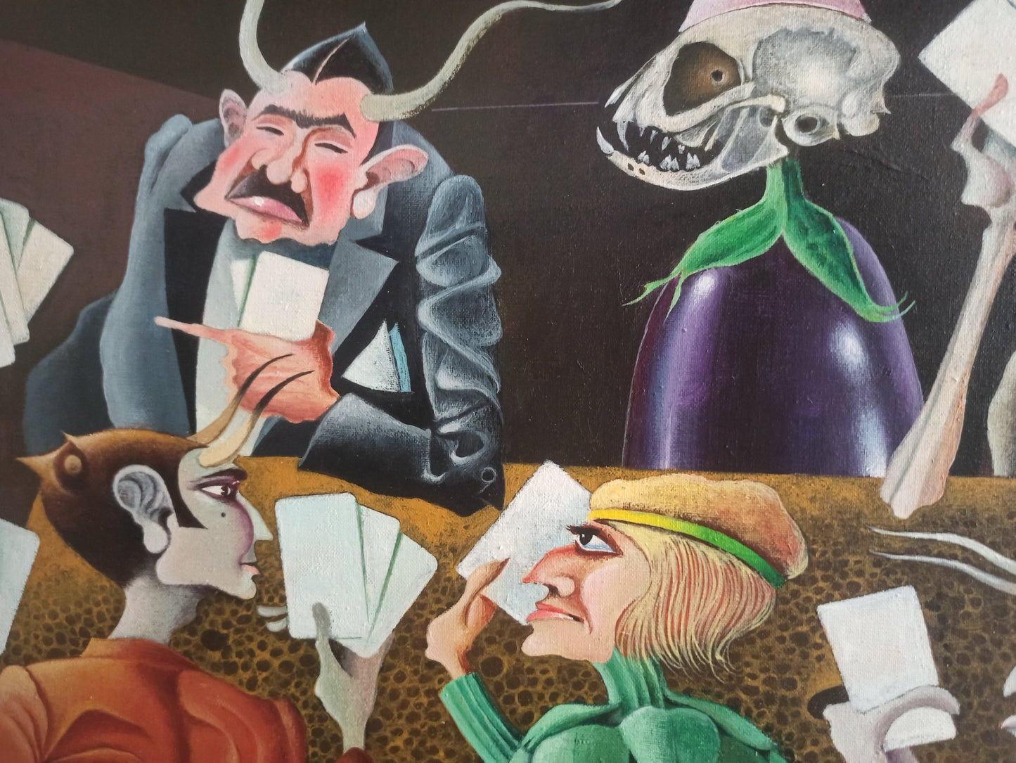 Josep Maria Rovira-Brull, Timba de cornudos y alcahuetas, pintura surrealista y simbólica con personajes grotescos, crítica social, sátira visual y composición alegórica de gran fuerza narrativa detalle rostros