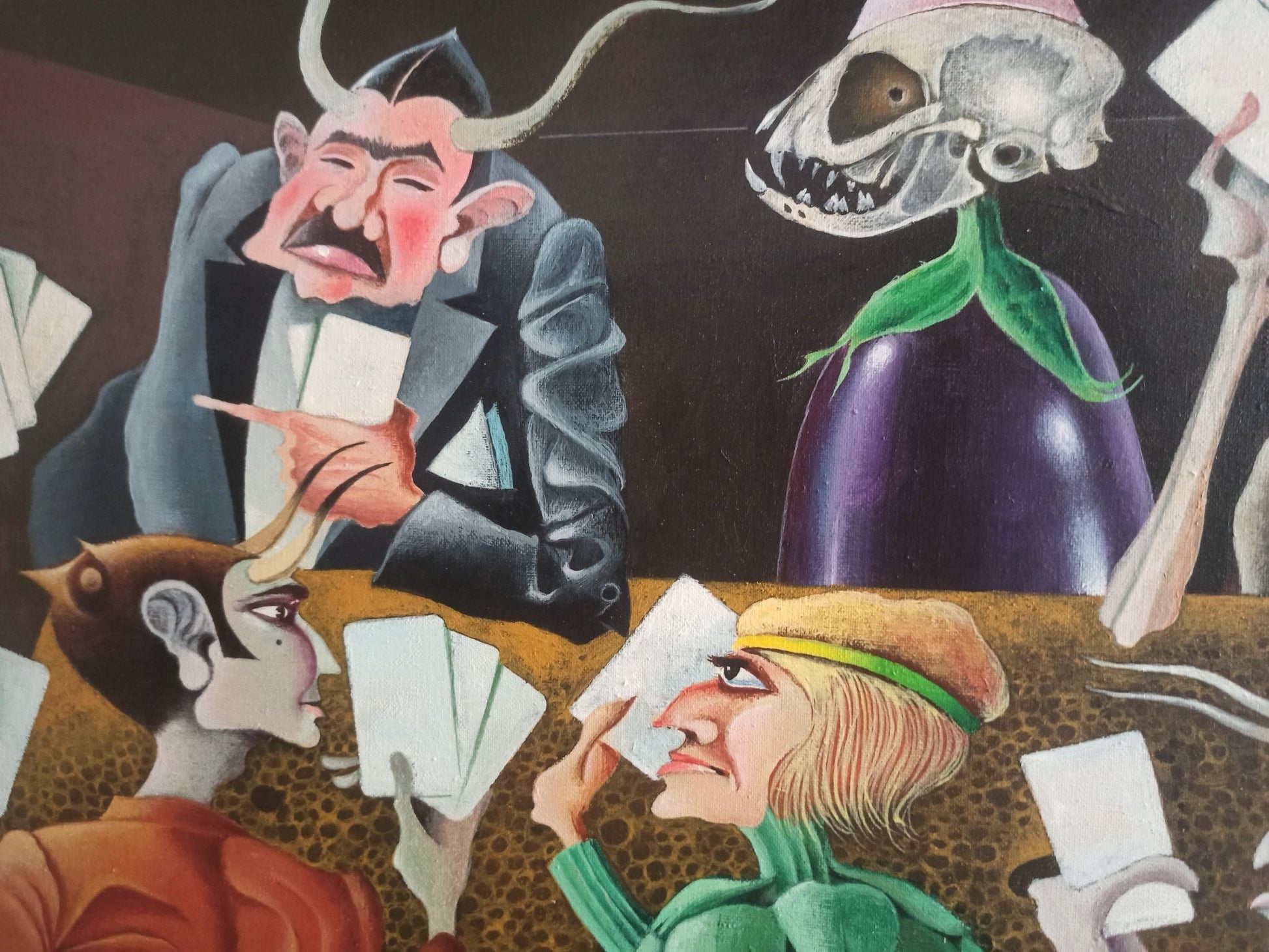 Josep Maria Rovira-Brull, Timba de cornudos y alcahuetas, pintura surrealista y simbólica con personajes grotescos, crítica social, sátira visual y composición alegórica de gran fuerza narrativa detalle rostros
