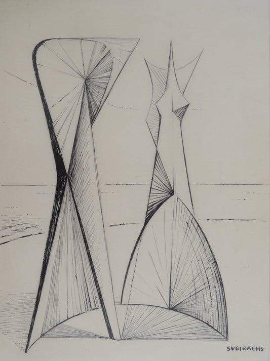 Dibujo a tinta de Subirachs con figuras geométricas abstractas en una cara y rostro lineal en la otra, sobre papel.