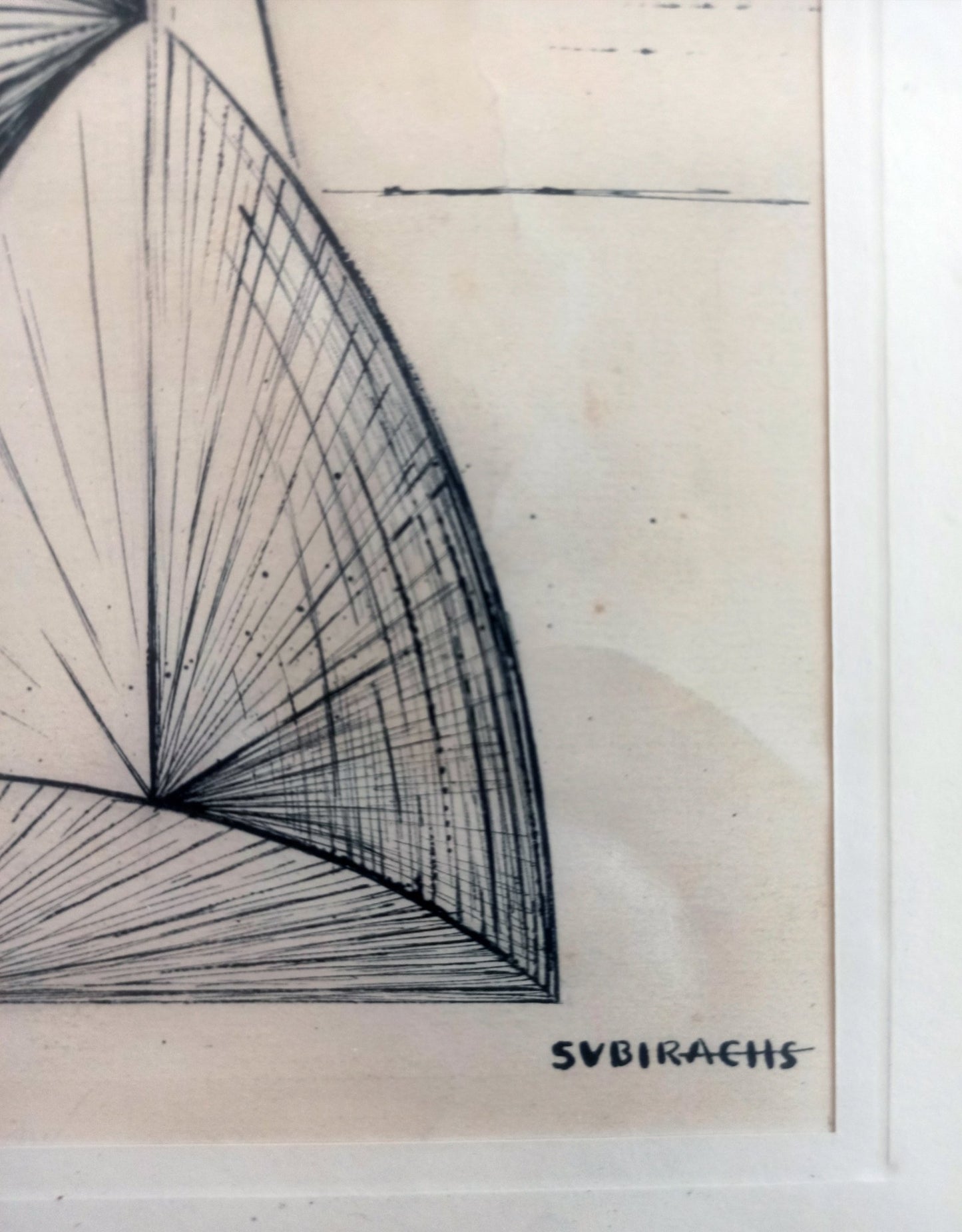Dibujo a tinta de Subirachs con figuras geométricas abstractas en una cara y rostro lineal en la otra, sobre papel, detalle firma
